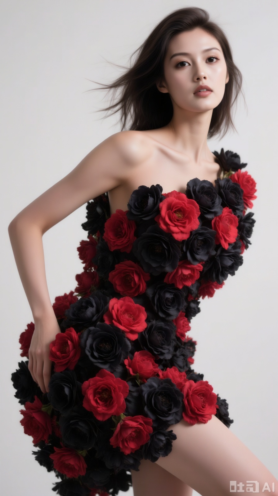 Woman with long hair flowing,decorated with black and red flowers, side pose, 
