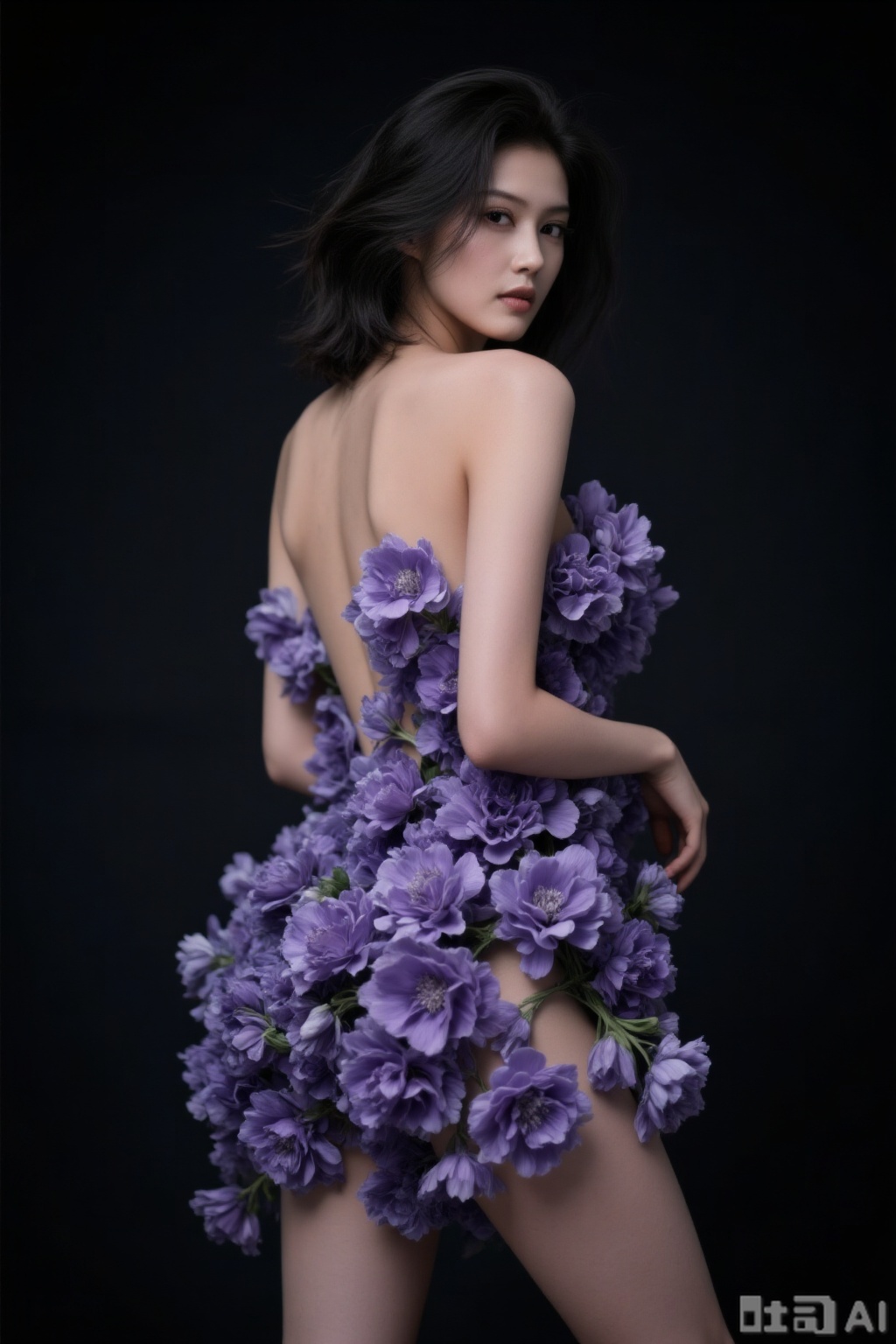 The core is a unique-temperament young woman, nude and decorated with artistic fresh flowers. Purple irises, silver eucalyptus, and dark blue small chrysanthemums are used—irises arranged along her body curves, eucalyptus laid on her back, small chrysanthemums dotted at joints. Style: Abstract art photography, 4K resolution, cool-toned side light, pure black background. The image has artistic tension, with strong light and shadow contrast on petals and leaves.
