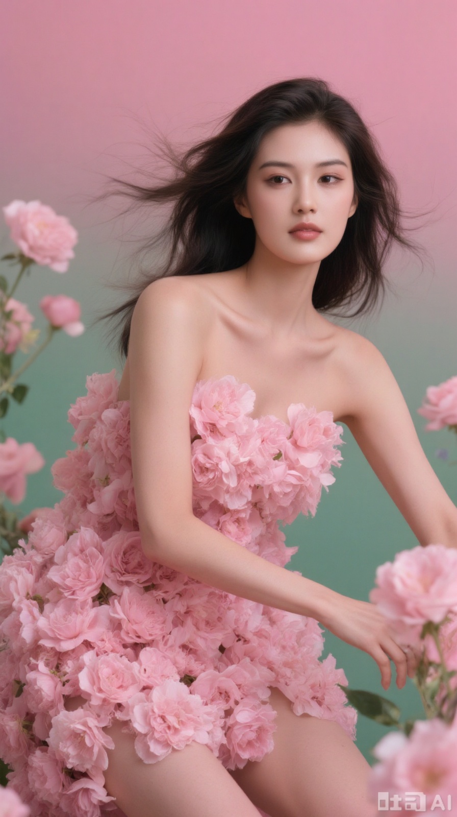 Woman with long hair flowing, body decorated with pink flowers, stretched posture, pink - green gradient background, surrounded by flowers.,plns