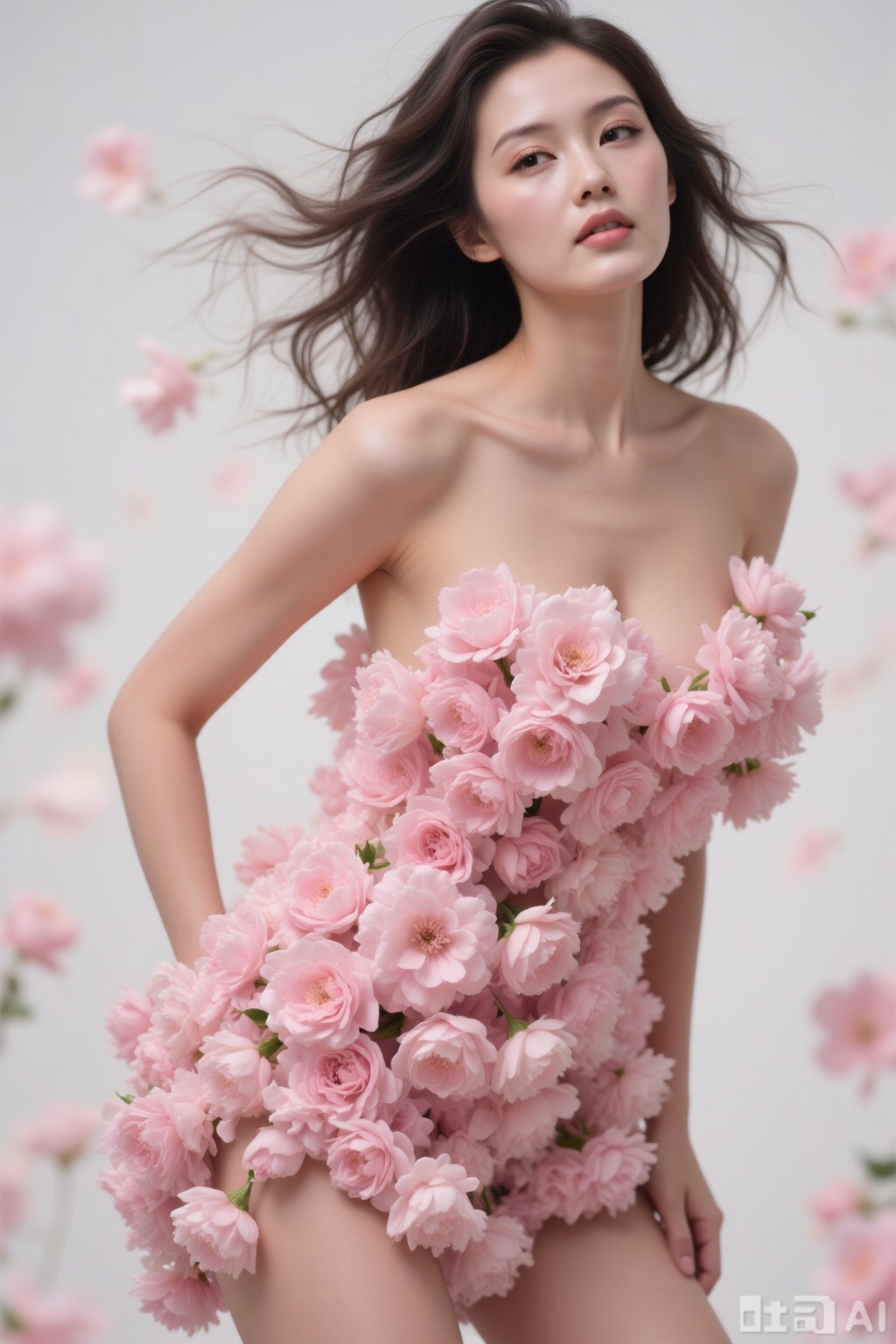 Woman with long hair fluttering, body decorated with flowers, leaning forward pose, petals falling.