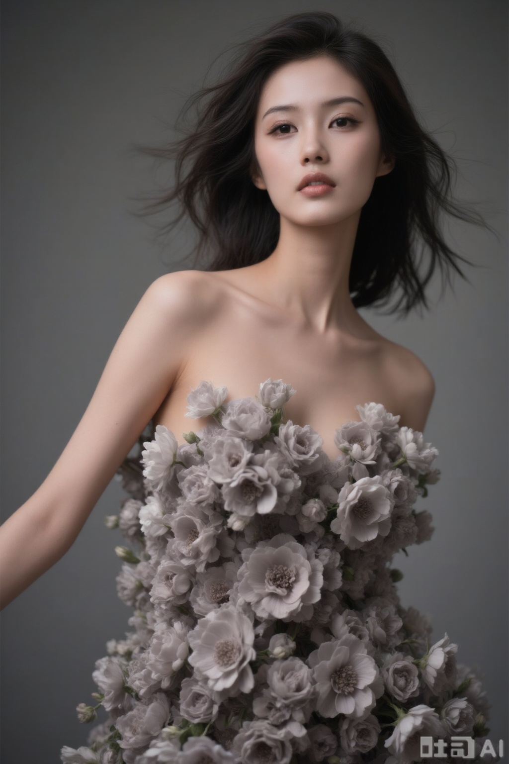 Woman with long hair fluttering, body decorated with flowers, 
