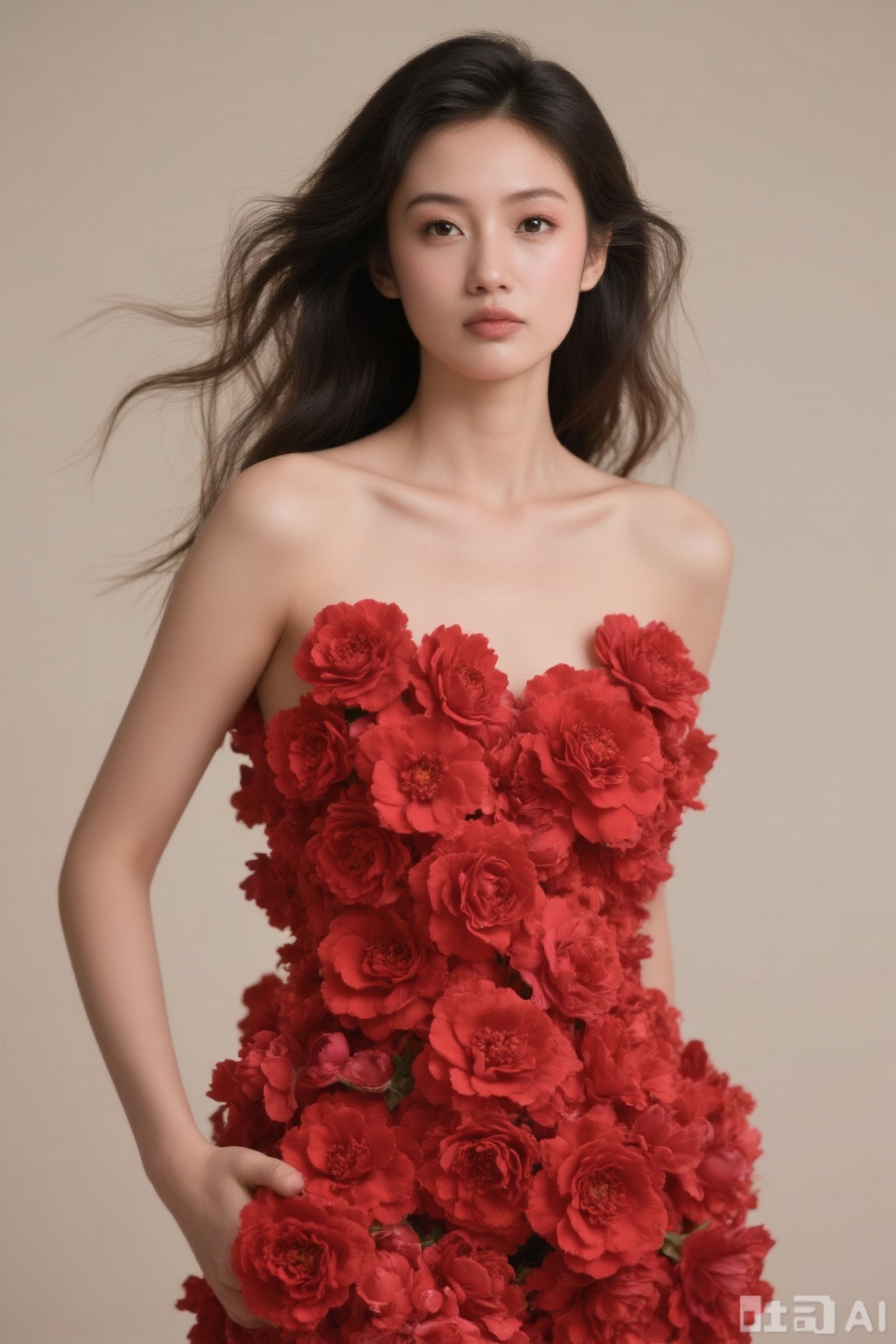 Woman with long hair fluttering, body decorated with flowers, 