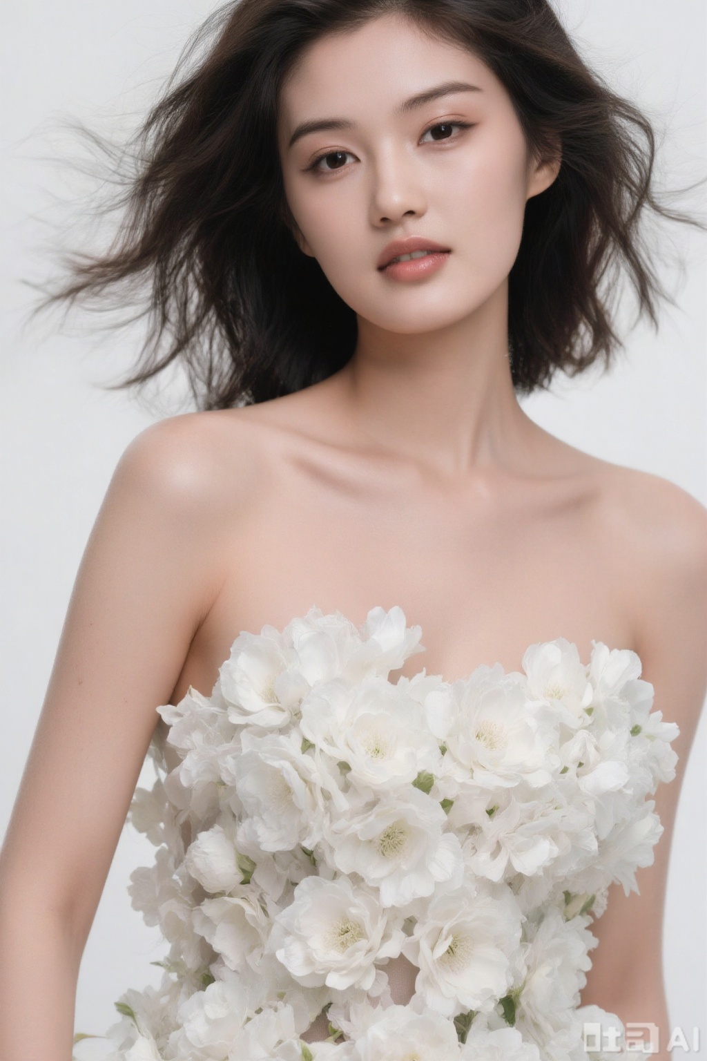 body decorated with flowers,Woman with long hair gently swaying, body decorated with white flowers, pure white background, fresh and pure.,plns,zfx