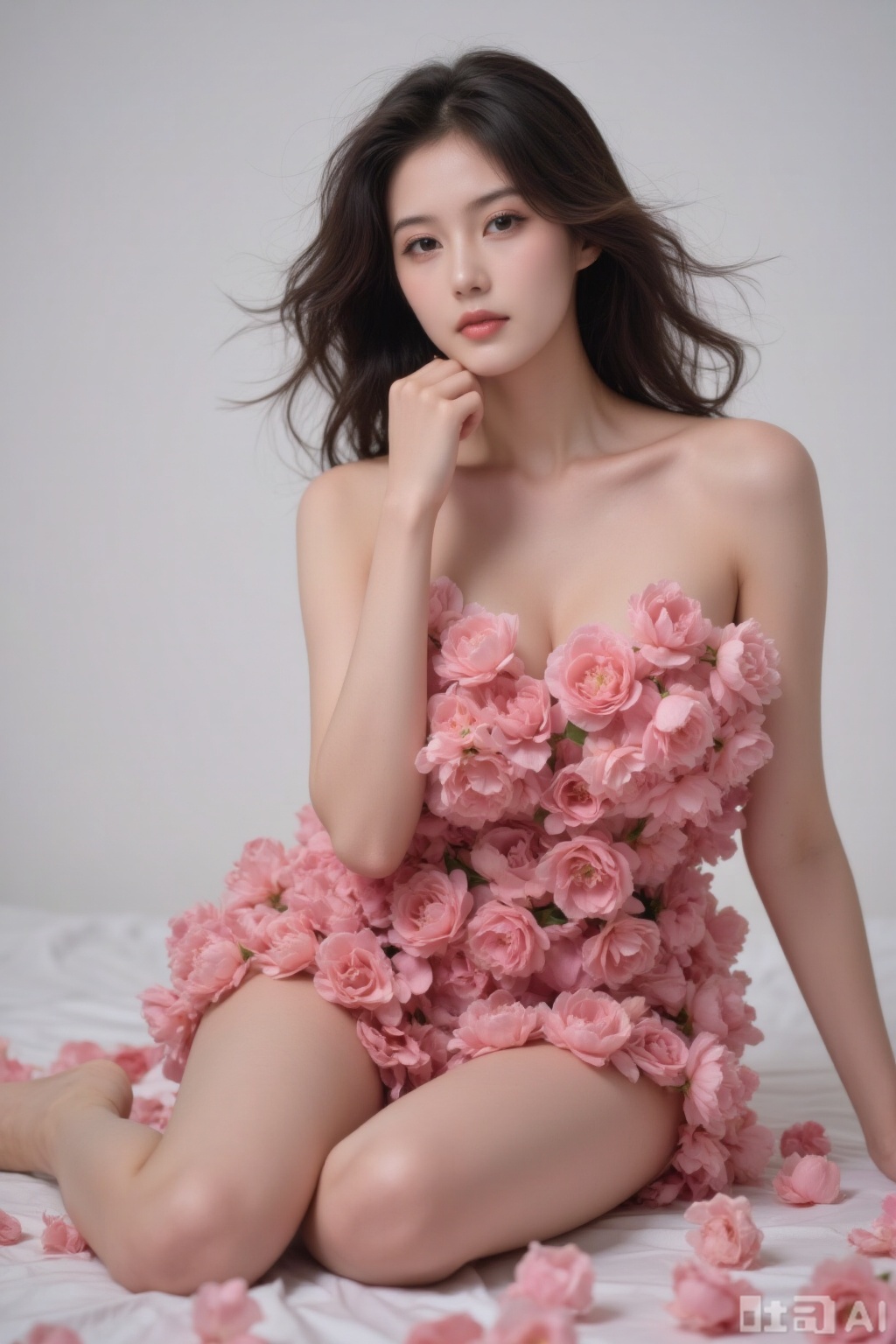 Woman with long hair fluttering, body decorated with flowers, sitting,leaning forward pose, petals falling.