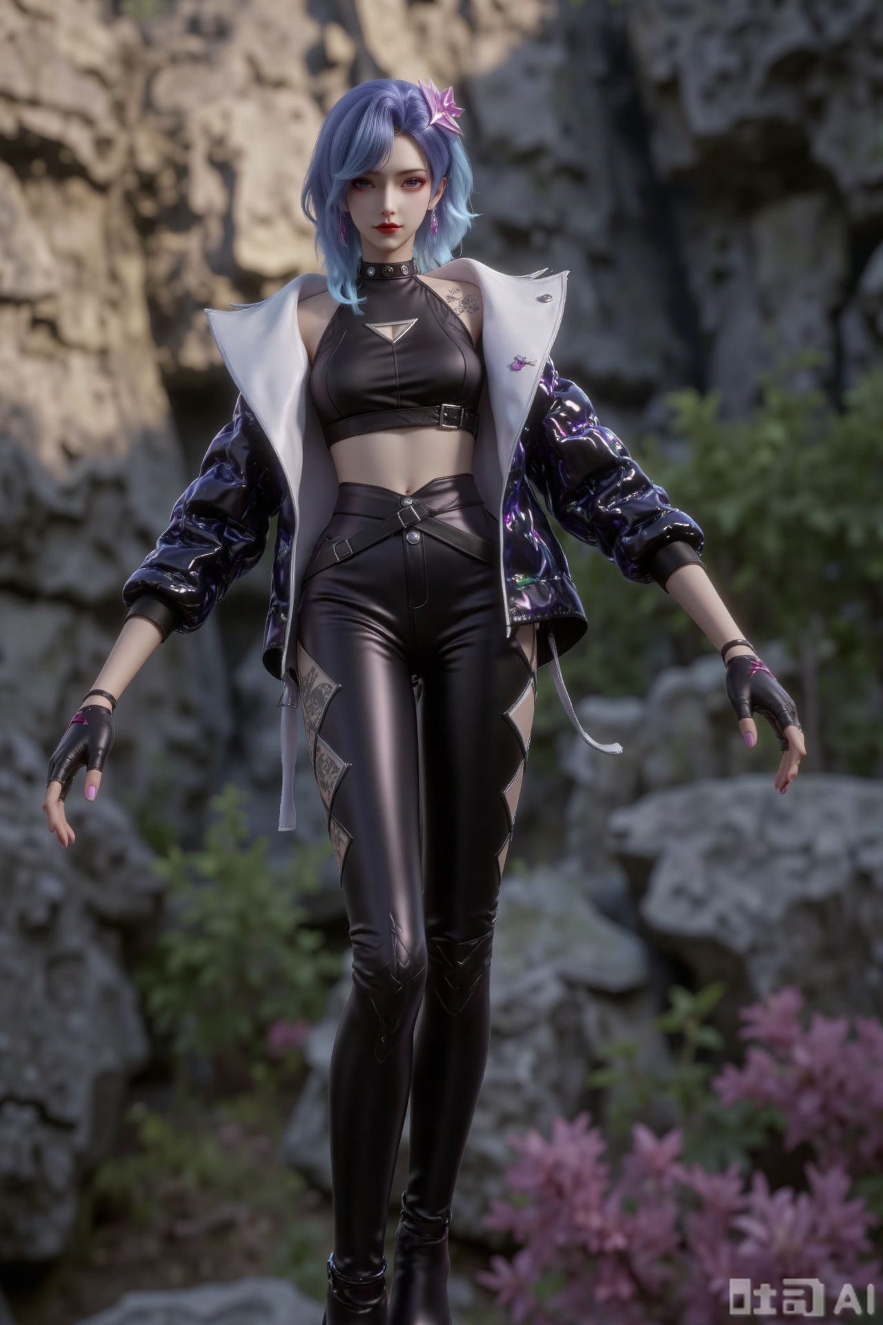The image depicts a character with striking blue hair styled in a modern, edgy fashion. The character is wearing a black outfit with a futuristic design, including a sleeveless top, a jacket with intricate patterns, and high-waisted pants with cut-out details. The character also wears fingerless gloves and boots, adding to the overall stylish and dynamic appearance. The background consists of a natural setting with rocky terrain and greenery, suggesting an outdoor environment. The character's pose is confident and dynamic, with arms extended and legs slightly bent, as if in motion or ready for action.