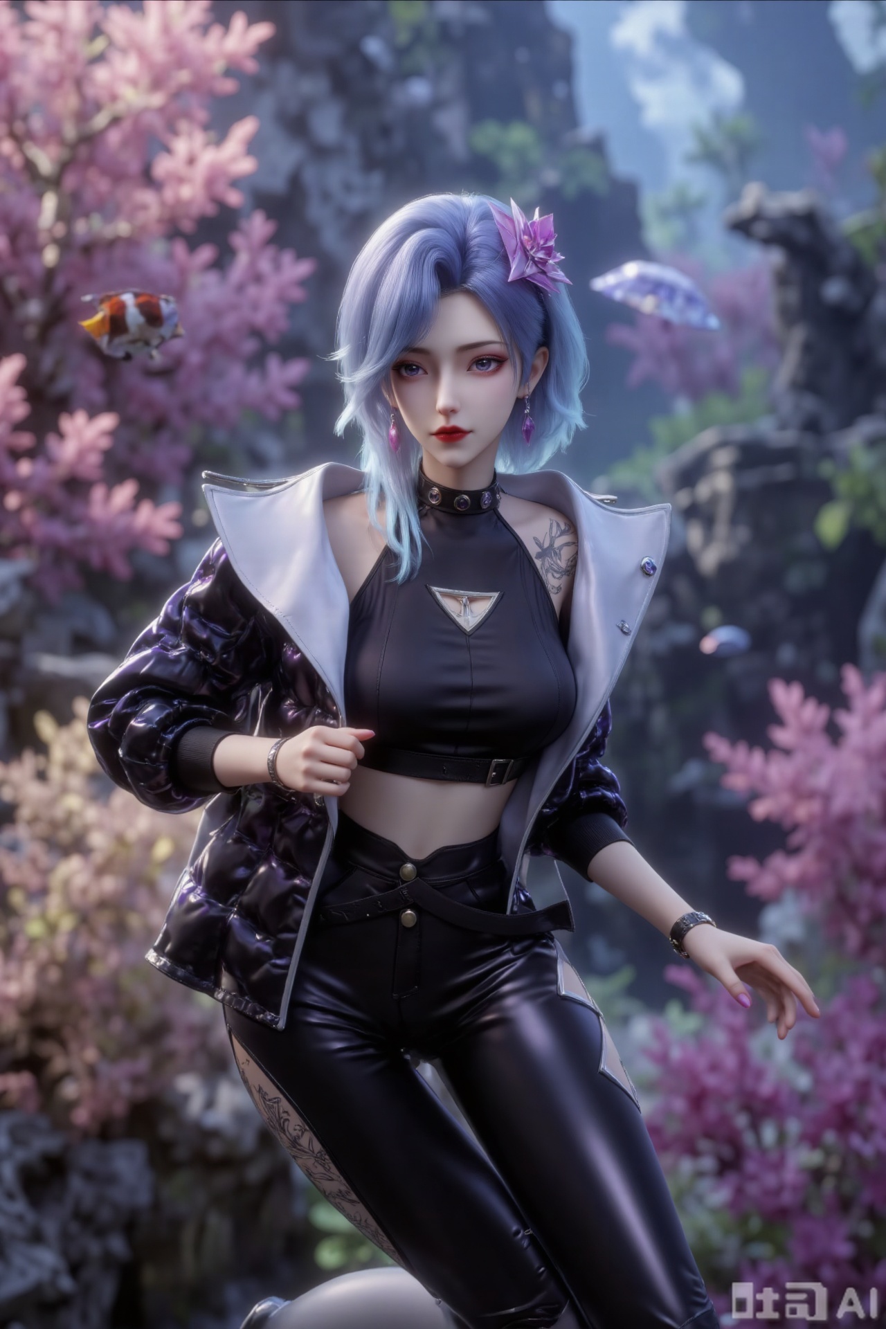 A high-quality CGI image, a sexy girl with short blue hair, fair skin, positive facial features and heavy makeup. Her lips were painted bold red and she wore a black necklace with crystal in the center and matching earnings with matching earnings
She wore a black turtleneck blinder top and a Cyber-style jacket, black tight leather pants with hollow designs on both sides, and black tattoos on her right shoulder and right leg, exuding an unparalleled charm and temptation
Super realistic and beautiful illustration. She was light in her posture, kneeling on a flower bed woven by glowing coral branches—the coral branches were gradually transformed in rose gold and light pink, with fluorescent anemones the size of a thumb (goose yellow, light purple) blooming in the gap, and the petal-shaped anemone tentacles trembled with the water.
The light source comes from above and around: the sunlight that penetrates the sea surface reflects light golden spots on the water surface, sprinkling on the coral flower bed; the cruising clown fish (bright yellow, orange and red) shuttles between the coral branches, and the gloomy light of the fluorescent anemone plates her blonde hair, coral-wrapped breasts and jellyfish skirt with a flowing halo. The background is the shallow sea coral garden at dusk - above is the gradient light blue to pink purple sky, the clouds are kneaded into silk threads by the sea breeze; near is the flower wall intertwined by the staghorn coral and the brain pattern coral, the purple and orange red coral stretches its tentacles; in the distance there are translucent luminous jellyfish groups like floating gauze, and the light penetrates the sea water to form a hazy Dingal effect. The overall atmosphere is warm and romantic, with the tones mainly pink, gold, light purple, goose yellow, and light shadows are like honey. The details are like the delicate texture of coral petals, the warm luster of pearls, and the soft trembling of the anemone tentacles are all revealed, just like a deep-sea wedding painting kissed by the sun.
