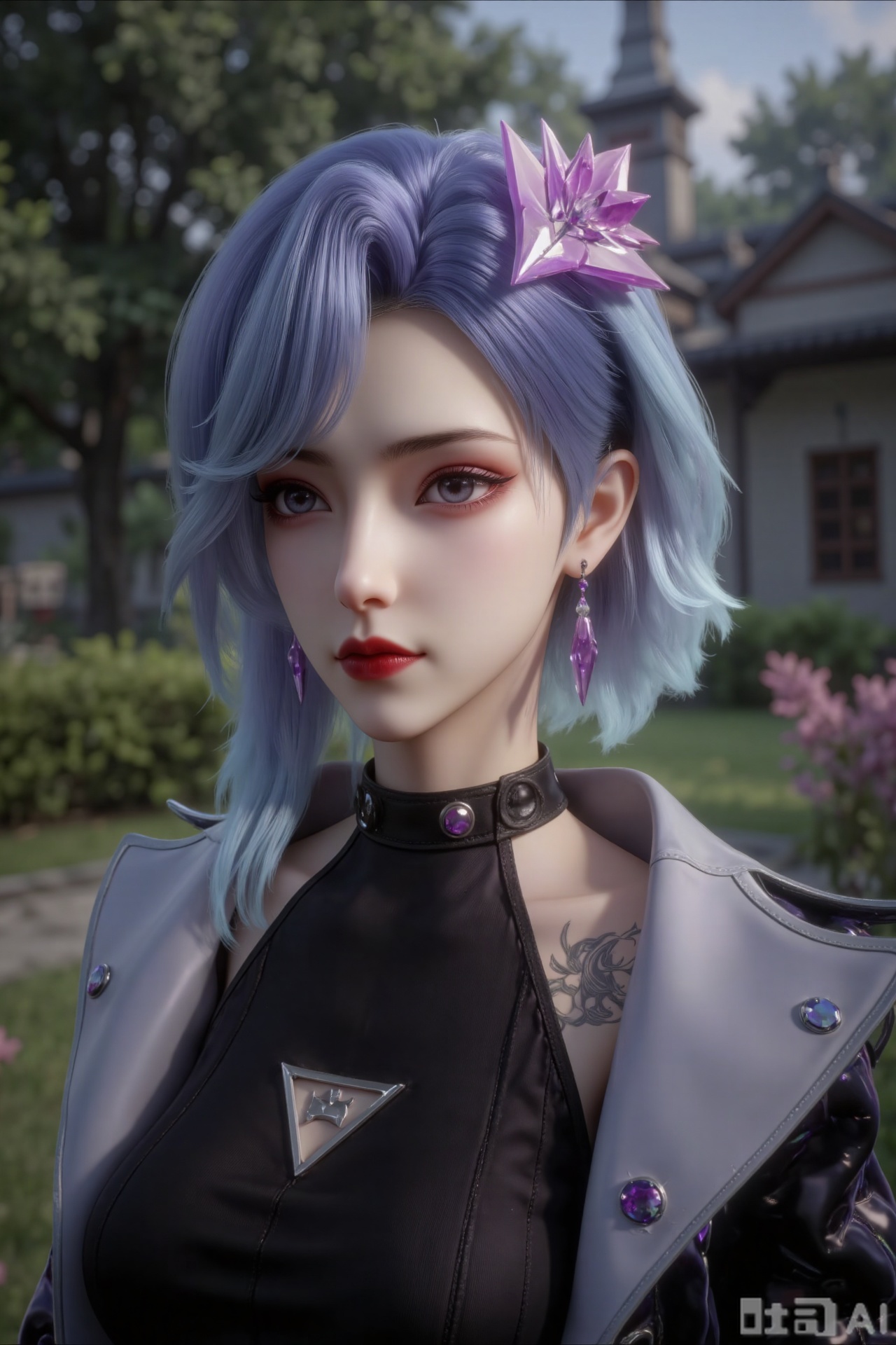 The image depicts a character with short, wavy hair that transitions from light blue at the roots to a darker shade at the tips. The character has striking red eyes and is wearing a black outfit with a high collar adorned with purple gem-like studs. They are also wearing a futuristic-looking jacket with metallic accents. The character has a visible tattoo on their left arm, which appears to be a swirling design. In the background, there is an outdoor setting with blurred greenery, suggesting a park or garden area. 