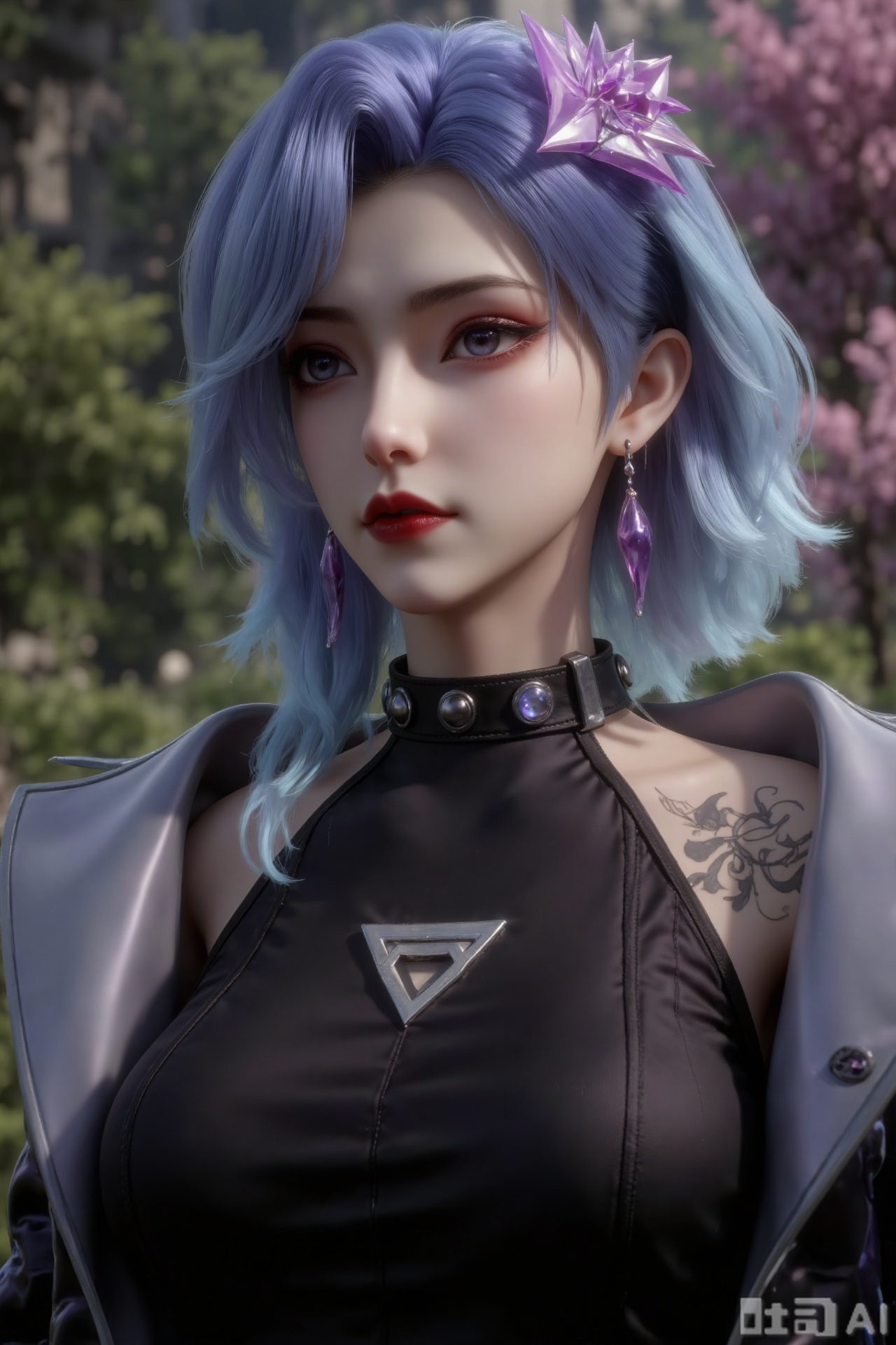 The image depicts a character with short, wavy hair that transitions from light blue at the roots to a darker shade at the tips. The character has striking red eyes and is wearing a black outfit with a high collar adorned with purple gem-like studs. They are also wearing a futuristic-looking jacket with metallic accents. The character has a visible tattoo on their left arm, which appears to be a swirling design. In the background, there is an outdoor setting with blurred greenery, suggesting a park or garden area. 