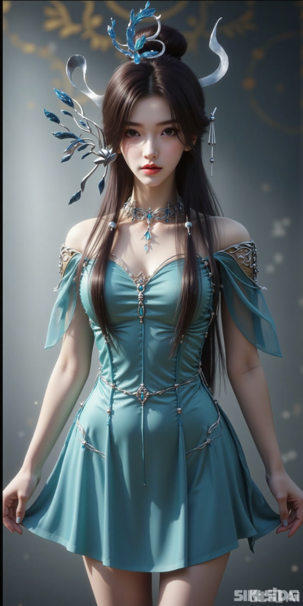 真人肌肤纹理, 4K画质,完美身材,1girl,looking_at_viewer,  ,realistic,,pose for picture,Dynamic posture,,
1girl
solo
long hair
brown hair
black hair
hair ornament
dress
jewelry
upper body
necklace
blue dress
expressionless
green dress

