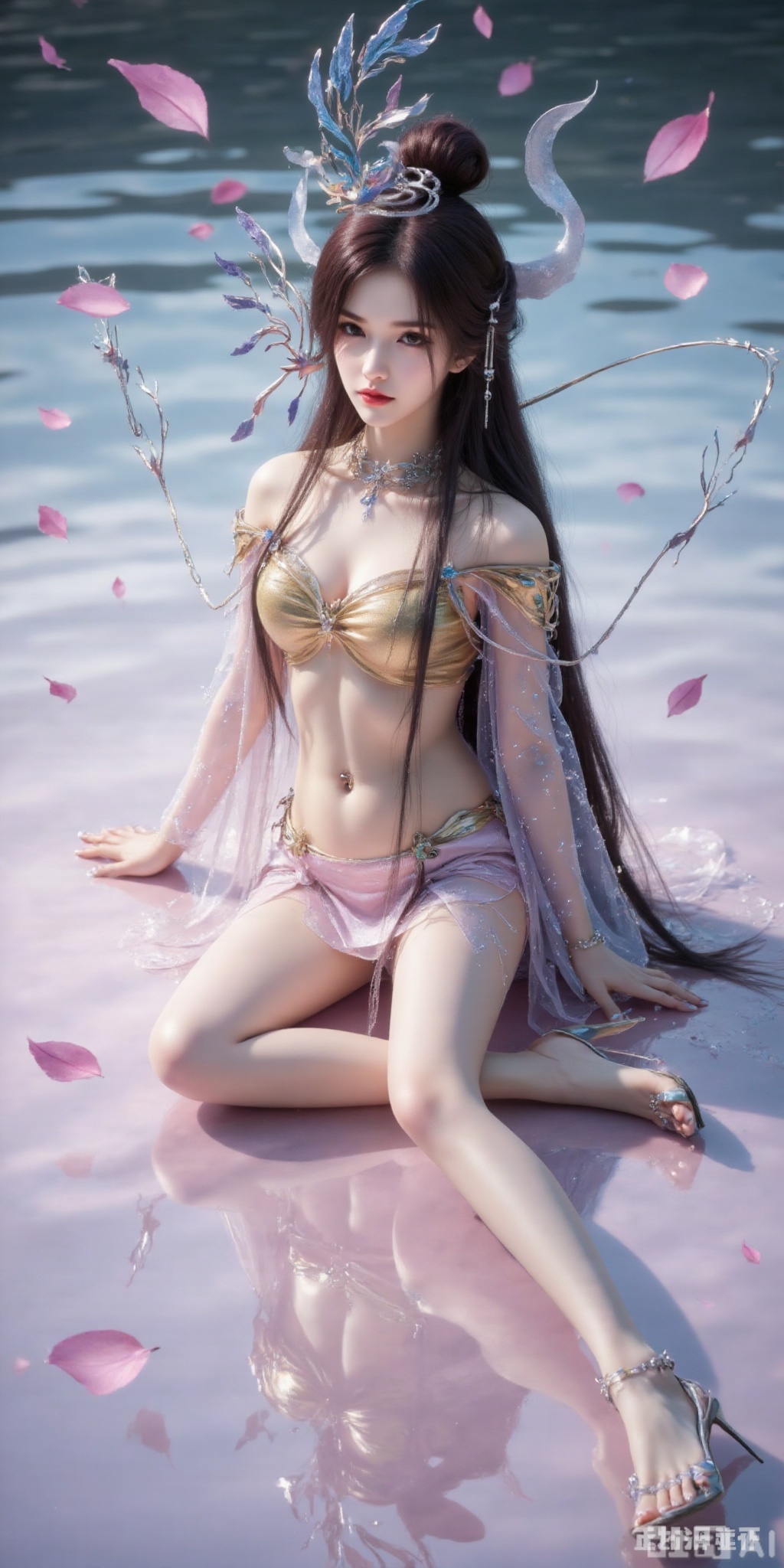 真人肌肤纹理, 4K画质,完美身材,良好解剖结构,,1girl,looking_at_viewer,navel,, high_heel,, argyle legwear,star \(symbol\),super long legs, ,realistic,,pose for picture,Dynamic posture,,
The image depicts a serene and ethereal scene with a character sitting on the ground. Super large breasts, G cup size,
The character has long, flowing  hair and is adorned with a golden crown and jewelry.
They are dressed in a flowing,  outfit that appears to be made of delicate fabric, with intricate designs and patterns. The character is surrounded by floating pink petals, enhancing the dreamy and magical atmosphere. The background consists of a body of water, which reflects the soft colors of the scene, further emphasizing the tranquil and mystical setting.,yunwangshu,,hair ornament,