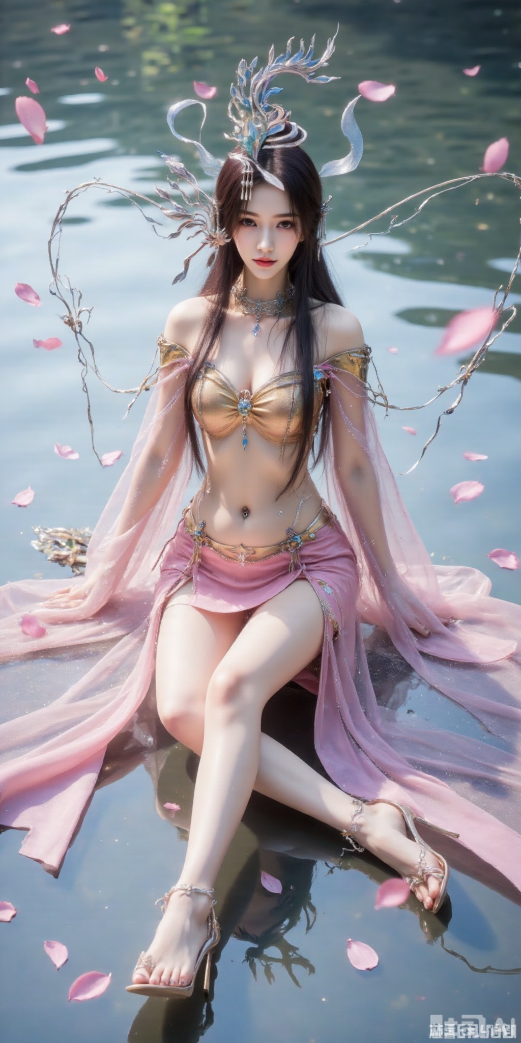 真人肌肤纹理, 4K画质,完美身材,良好解剖结构,,1girl,looking_at_viewer,navel,, high_heel,, argyle legwear,star \(symbol\),super long legs, ,realistic,,pose for picture,Dynamic posture,,
The image depicts a serene and ethereal scene with a character sitting on the ground. Super large breasts, G cup size,
The character has long, flowing  hair and is adorned with a golden crown and jewelry.
They are dressed in a flowing,  outfit that appears to be made of delicate fabric, with intricate designs and patterns. The character is surrounded by floating pink petals, enhancing the dreamy and magical atmosphere. The background consists of a body of water, which reflects the soft colors of the scene, further emphasizing the tranquil and mystical setting.,yunwangshu,,hair ornament,