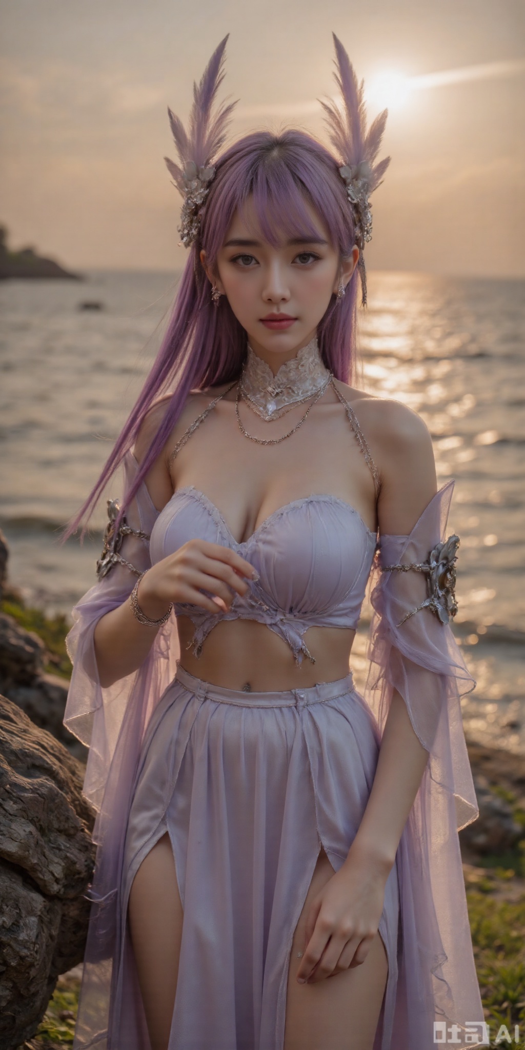 surreal warm cinematic full body shot photography, Kodak Professional Portra 160, 1girl,looking_at_viewer,navel,, ,realistic,,pose for picture,Dynamic posture, ,良好解剖结构,真人肌肤纹理, 4K画质,完美身材, best quality, masterpiece, realistic,cowboy_shot,(Good structure), DSLR Quality,Depth of field,kind smile,looking_at_viewer,Dynamic pose, 1girl, solo, long hair, , looking at viewer, skirt, hair ornament, bare shoulders, jewelry, , , earrings, outdoors, midriff, water, necklace, lips, crop top, grey eyes, leaning forward, ocean, white skirt, strapless vest, sunset, sun,
 linziyue,purple_hair