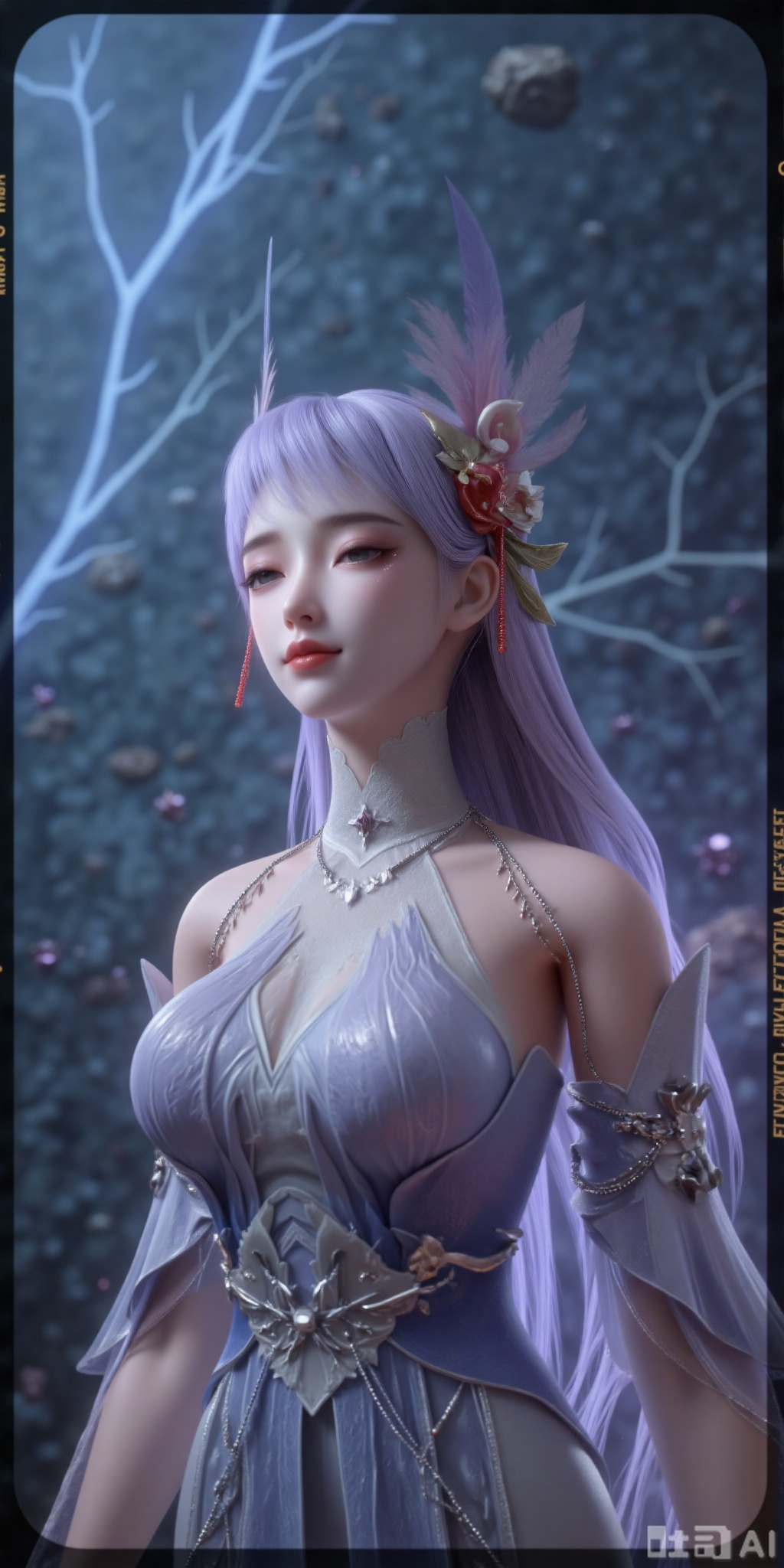 真人肌肤纹理, 4K画质,完美身材,1girl,looking_at_viewer,  ,realistic,,pose for picture,Dynamic posture,,
A surreal dreamscape unfolds: a woman's ethereal form dissolves into misty tendrils,her eyes closed in rapture as consciousness flows like wispy vines. Dreamlike,she floats amidst a haze of gradient colors,softly fading into the background. The shot is framed with deliberate vagueness,capturing the fleeting essence of the subconscious. In the foreground,delicate film grain textures evoke a sense of nostalgia.,linziyue,,hair ornament,purple_hair

