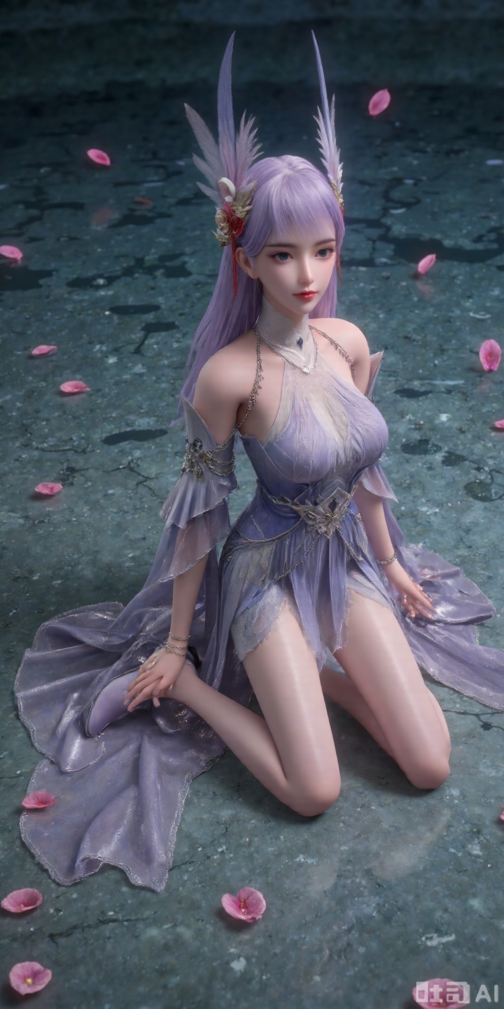 真人肌肤纹理, 4K画质,完美身材,良好解剖结构,,1girl,looking_at_viewer,navel,, high_heel,, argyle legwear,star \(symbol\),super long legs, ,realistic,,pose for picture,Dynamic posture,,
The image depicts a serene and ethereal scene with a character sitting on the ground. Super large breasts, G cup size,
The character has long, flowing  hair and is adorned with a golden crown and jewelry.
They are dressed in a flowing,  outfit that appears to be made of delicate fabric, with intricate designs and patterns. The character is surrounded by floating pink petals, enhancing the dreamy and magical atmosphere. The background consists of a body of water, which reflects the soft colors of the scene, further emphasizing the tranquil and mystical setting.,linziyue,purple_hair