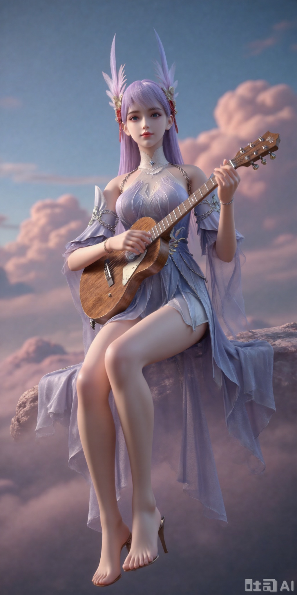 真人肌肤纹理, 4K画质,完美身材,1girl,looking_at_viewer,  ,realistic,,pose for picture,Dynamic posture,,
1women, dress, playing musical instruments, sitting on the colorful clouds, sky, sunshine, beautiful,linziyue,purple_hair
