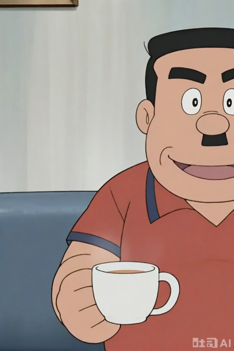 质量词：masterpiece, best quality, safe, amazing quality, very aesthetic, absurdres, highres, newest, HDR, 8K, high detail RAW color art, DSLR shot. 
画风：by Fujiko.F.Fujio, 
人物特征：1man,short hair,facial hair,mustache,fat,fat man,
事件：solo,looking at viewer,smile,open mouth,upper body,serious expression,**** top,
sitting,couch,cup,