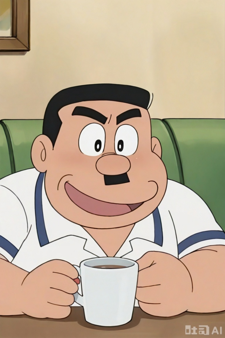 质量词：masterpiece, best quality, safe, amazing quality, very aesthetic, absurdres, highres, newest, HDR, 8K, high detail RAW color art, DSLR shot. 
画风：by Fujiko.F.Fujio, 
人物特征：1man,short hair,facial hair,mustache,fat,fat man,
事件：solo,looking at viewer,smile,open mouth,upper body,serious expression,**** top,
sitting,couch,cup,