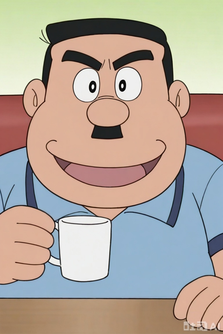 质量词：masterpiece, best quality, safe, amazing quality, very aesthetic, absurdres, highres, newest, HDR, 8K, high detail RAW color art, DSLR shot. 
画风：by Fujiko.F.Fujio, 
人物特征：1man,short hair,facial hair,mustache,fat,fat man,
事件：solo,looking at viewer,smile,open mouth,upper body,serious expression,**** top,
sitting,couch,cup,