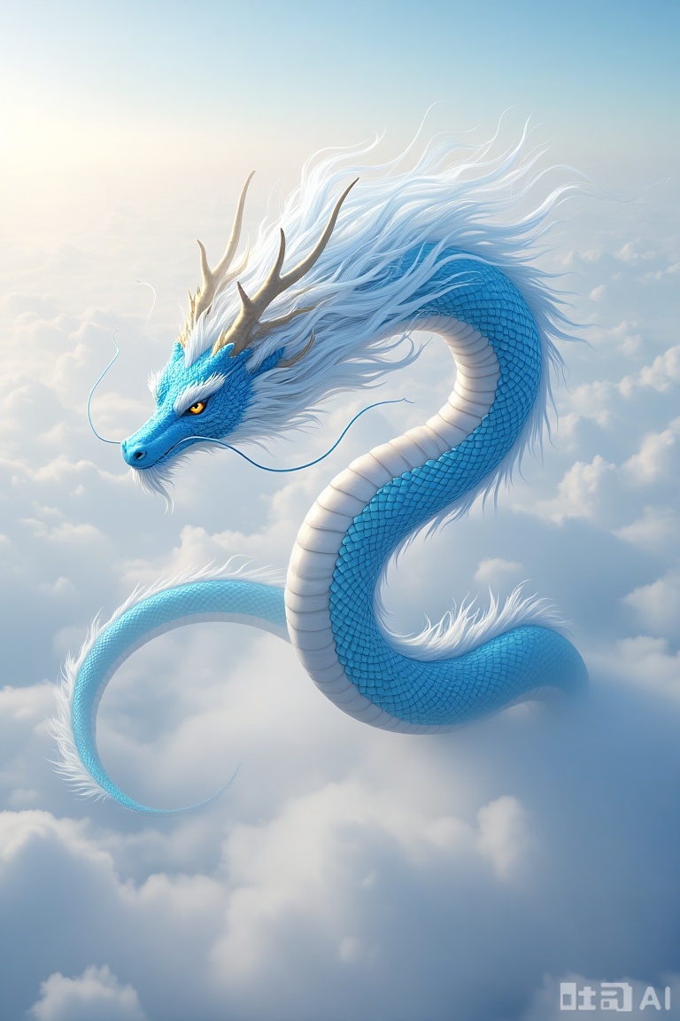 Masterpiece, best quality, ultra-high resolution, 8k, photorealistic, CG render, eastern dragon, drgn_stly. Representing "Heaven" (天). High in the stratosphere, far above any clouds, a giant divine dragon with azure scales the color of the sky itself majestically patrols on an unseen wind. Its immensely long, serpentine body is fully extended, forming a colossal, graceful arc across the firmament, as if it were the very boundary between the sky and the cosmos. Its scales are exceptionally small and fine, arranged as tightly as the feathers of a bird, giving them a velvety texture under the direct sunlight.
, drgn_stly