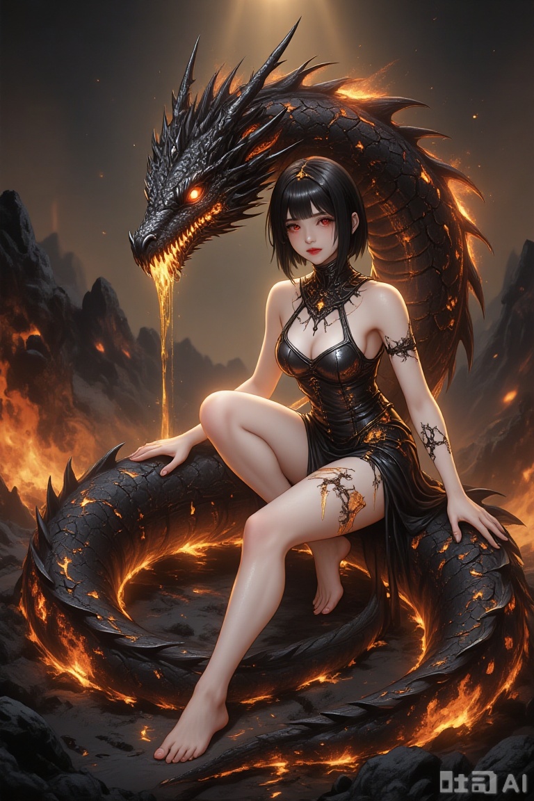drgn_stly.
Masterpiece, best quality, ultra-detailed, sharp focus, stigma_art, 1girl, short black hair, eyes like burning embers, red in color. She wears a short, form-fitting ceremonial dress made of charred leather and lava crystals, with scorch marks on the hem, yet it is undeniably alluring. She is sitting full-length on the broad back of a colossal and ferocious Eastern lava dragon. On the dragon's incredibly long, serpentine body, each scale is as smooth as obsidian, but searing magma flows from the crevices between them, making the dragon's back appear like a living inferno. On the girl's pale skin, several glowing cracks resembling veins are visible, with viscous, amber-like golden liquid slowly seeping from them. She is barefoot, lightly touching the dragon's scorching spine, her gaze hazy and intoxicated.