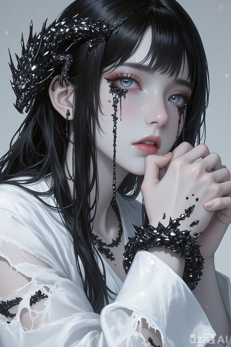 drgn_stly.
masterpiece, best quality, ultra-detailed, sharp focus, stigma_art, 1girl, pale face, sunken eyes, long black straight hair. She wears a torn white robe exposing her shoulders. Her eyes no longer shed tears, but instead weep solidified, black, glass-like crystals. These crystals solidify along her cheeks, forming grotesque tear tracks. An incredibly small Eastern dragon, formed from the aggregation of these black crystals, is coiled around her wrist, its body composed of countless tiny, faintly glimmering black crystals, with similar crystals constantly sliding off the dragon and merging with the tear tracks on her face. She clenches her hands, her expression pained and vacant.