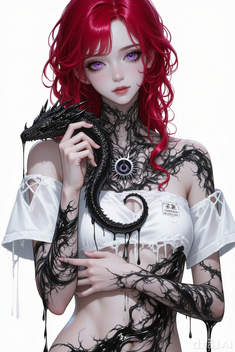Masterpiece, best quality, ultra-detailed, sharp focus, stigma_art, 1girl, deep red long curly hair, eyes like shattered crystal, purple in color, with the other eye a pure, abyss-like black (heterochromia). She wears a tattered white patient gown ripped at the waist, exposing her shoulder and abdomen. Her smooth skin is covered in black patterns that resemble living tattoos; these patterns are not static but flow and expand beneath the skin like veins. She is lovingly caressing an incredibly small Eastern dragon, materialized from these living tattoos, its body jet-black with long black whiskers. The dragon's body is like flowing ink, slowly shifting its form in her arms, with viscous black liquid sliding off its body.

drgn_stly, drgn_stly,