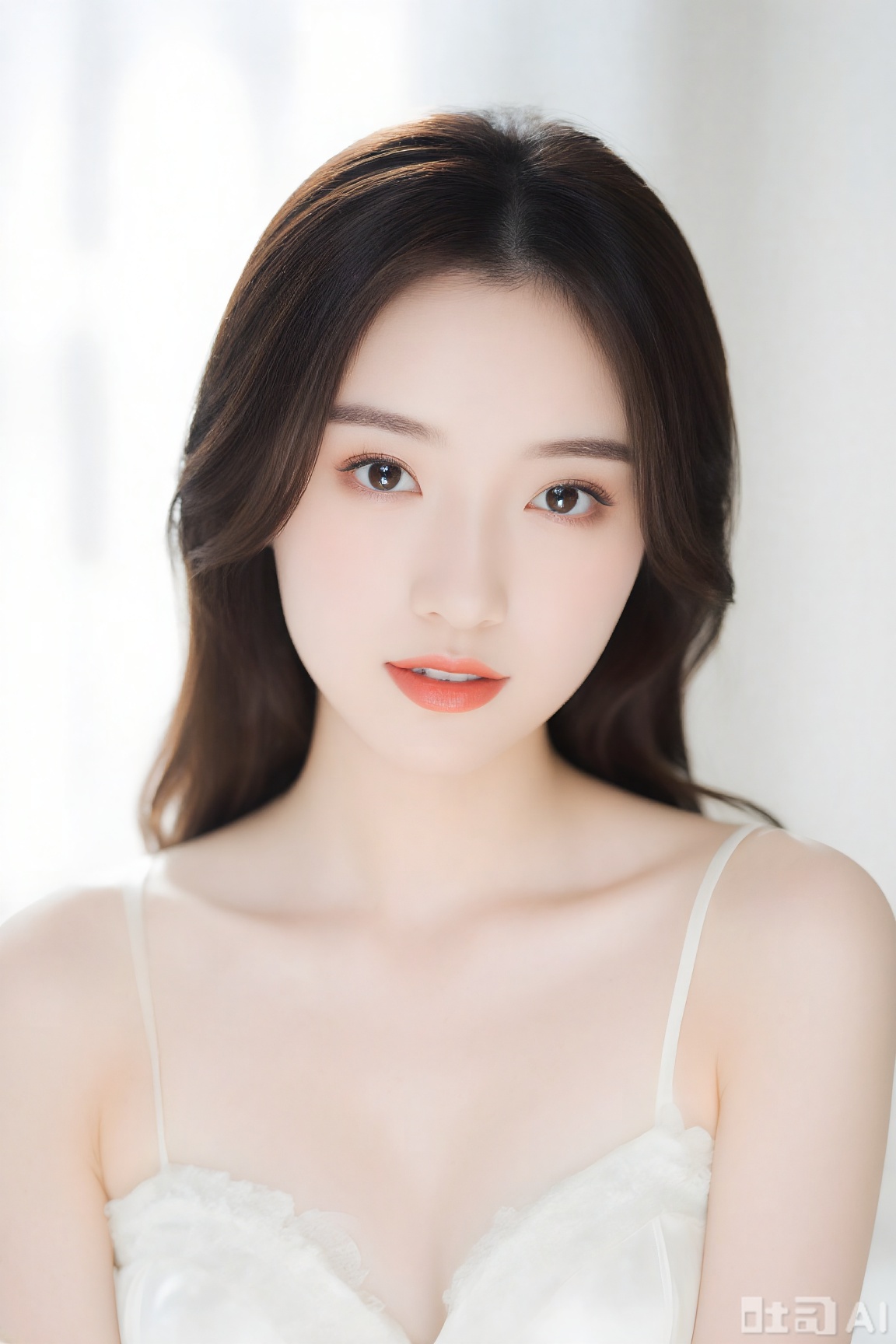 Chinese beautiful lady, beautiful face, fashionable clothing, thin and sexy nightgown, exposed one shoulder, sunlight transmits through hair, clear contours, fair skin and beautiful appearance, high definition, Zhuang and elegant, good texture of the picture, solid background, bright light, and portrait photography. Gorgeous, bright and charming, ultra-high definition, photo