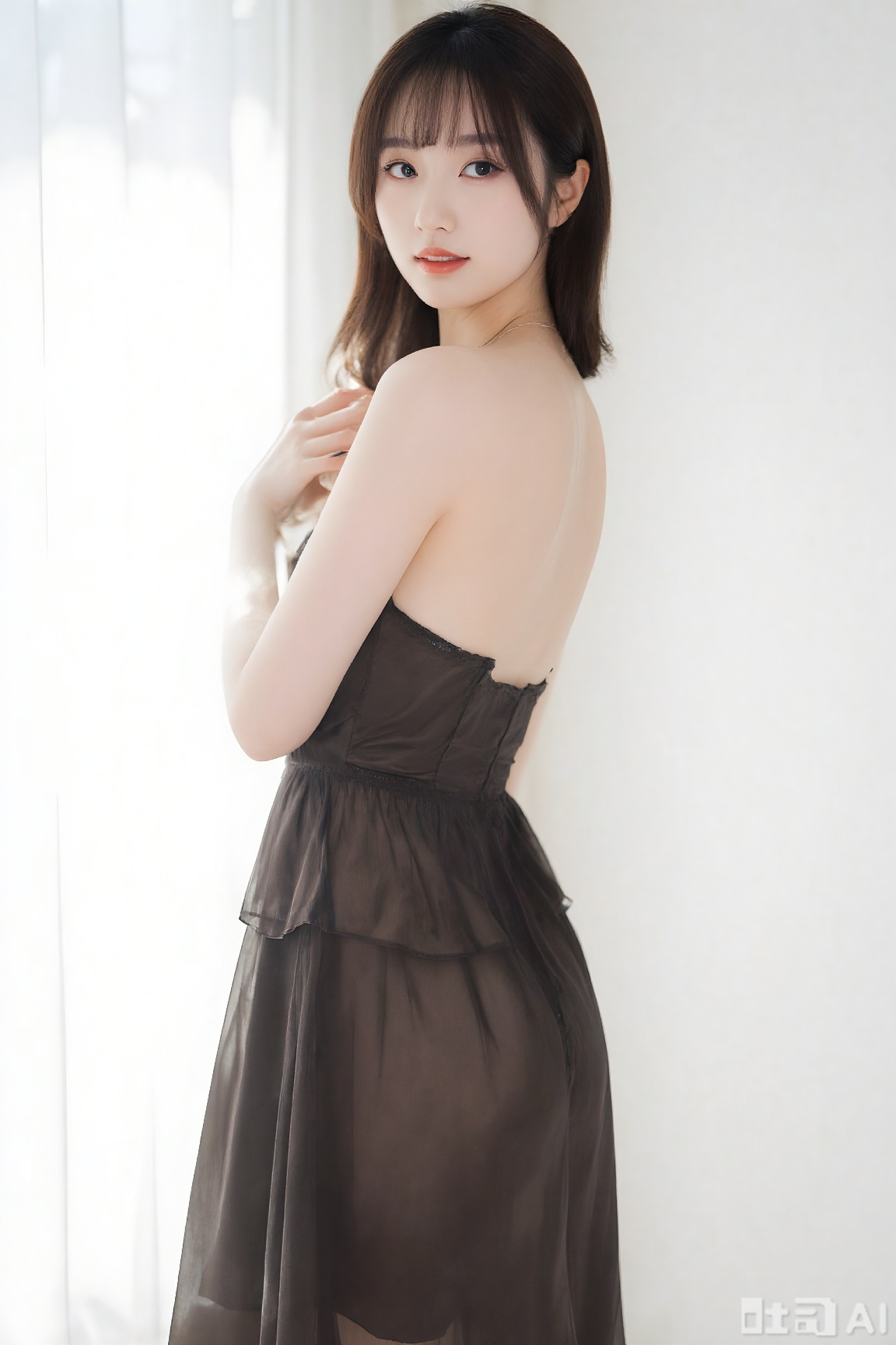 Chinese beautiful lady, beautiful face, fashionable clothing, thin and sexy nightgown, exposed one shoulder, sunlight transmits through hair, clear contours, fair skin and beautiful appearance, high definition, Zhuang and elegant, good texture of the picture, solid background, bright light, and portrait photography. Gorgeous, bright and charming, ultra-high definition, photo