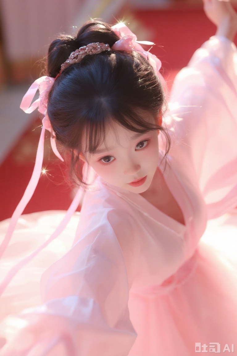Anime, soft focus, luxurious lighting, traditional style illustration, soft lighting, manga, extreme composition, dream core, pink ink painting, brush stroke, texture, oil painting, watercolor, facial emphasis, ultra high definition, exquisite CG, concept art, high detail, 3D art, realistic rendering, bold colors, strong light and shadow contrast, mottled light and shadow, anime thick painting illustration, delicate hair with luster, OC render, ultra high definition, motion capture, hazy filter, anime atmosphere, anime, new three-dimensional exquisite CG, light red on both sides, soft light, the picture has a slight sparkle, the picture is glowing, CG illustration, clear lines, feminine, detailed face. Rich details, hazy feeling, macro lens, facial shadow, facial focus, high quality, delicate texture, overhead view, person looking down from a higher position, CG illustration, close-up of the face, beautiful woman, dark hairstyle, all hair up, exquisite hair accessory with long pink silk ribbon, pink silk Hanfu, palace hall, dancing and rotating motion capture.