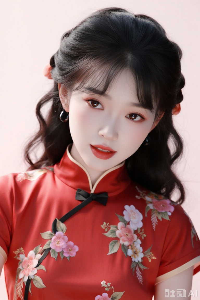A cool beauty with long and slightly curly hair in 3D rendering, exquisite CG, oriental beauty, 35-year-old woman, exquisite makeup, proud figure, capable red floral tight cheongsam, slightly raised eyes, white skin, willow-leaved eyebrows, red phoenix eyes, cherry mouth, and oval face with a little classical charm. Black earrings, elegant temperament, and have a full style of royal sister. Aesthetic, dreamy, three-dimensional, upper body, high-definition picture quality, ultra-high resolution, 32K, movie texture, details, complex details, soft colors, masterpieces.