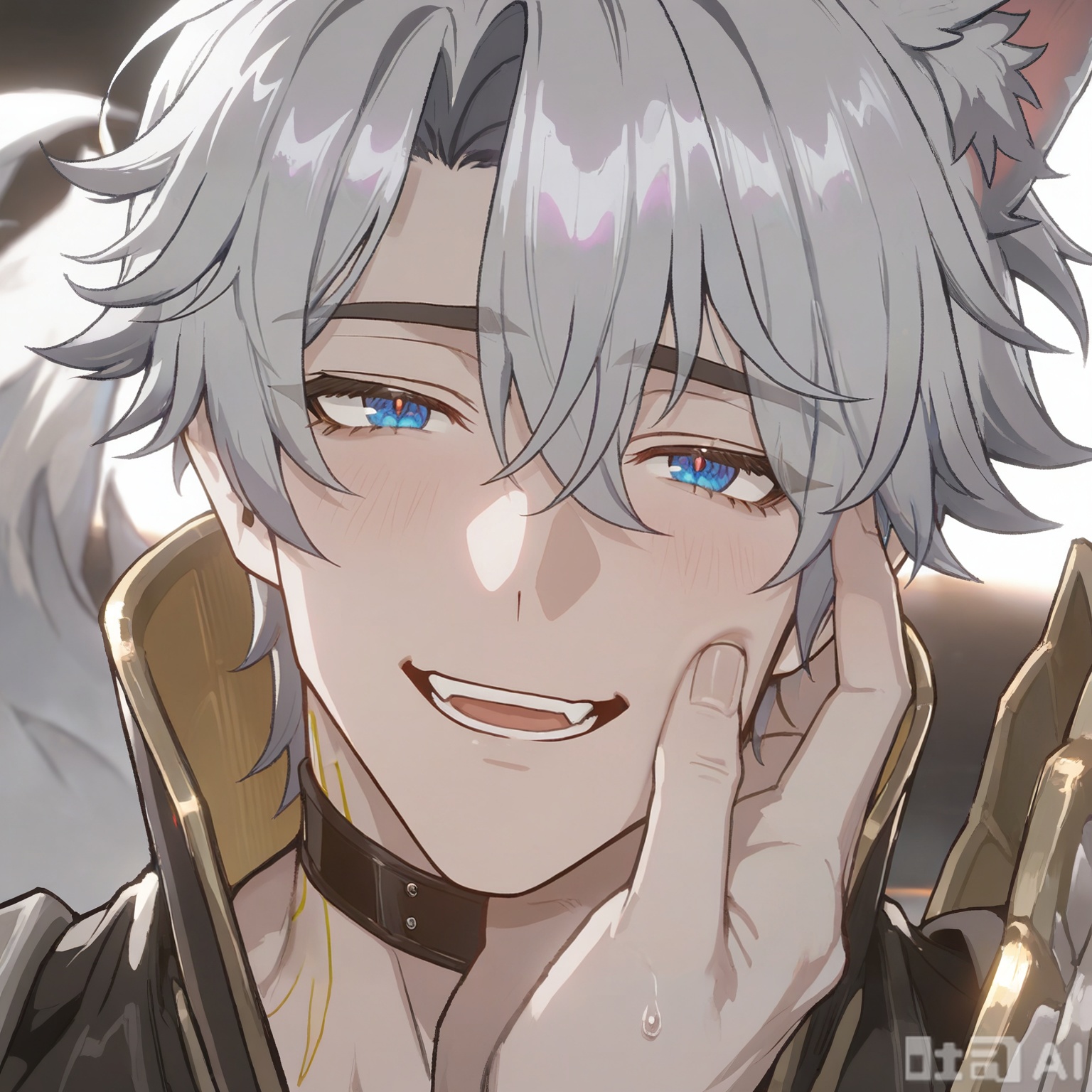 xiao zhi tiao,(artist:mazjojo:0.77),(artist:pigeon666:0.70),(artist:zawar379:0.83),(artist:remsrar:0.65),(artist:chimmyming:0.72),masterpiece,best quality,male focus,hd,4kamazing quality,very aesthetic,bust,high resolution,ultra-detailed,perfect lighting,volumetric lighting,(dark lighting),shadowing,(good shadowing),cinematic lighting,cinematic,shading,shallow,absurdres,newest,scenery,depth of field,1boy,1male,(((solo))),looking at viewer,Silver dog tag masterpiece,((dog ears, dog tail)),((smile, happy, laugh)),
,
BREAK,((muscular male,bara,broad shoulders,(mature:1.3),(a soft, loving gaze:1.3),(looking directly into viewer's eyes:1.2),(slight blush),official alternate costume,
(masculine charisma:1.4),(sensual:1.3),(intimate atmosphere:1.4),plain white background,simple background,(minimalist:1.2),studio shot,from viewer's perspective,(POV:1.2),(portrait:1.2),face_focus,(close-up:1.3),(slight head tilt:1.2),( resting his cheek and jaw in the palm of the viewer's hand:1.4),(holds the viewer's hand against his cheek:1.3),
(background is a clean, solid white, creating a high-fashion, minimalist feel. The atmosphere is stylish, clean, and carries a hint of playful seduction),(full head:1.1),(no cut:1.1),(space above head:1.2))

Warm colors
,
danmei,xiaozhitiao,,Xiaozhitiao,smelly,dianmei,Phainon,white hair,yellow tattoo,choker,black choker,shoulder armor,white jacket,gold trim,blue eyes