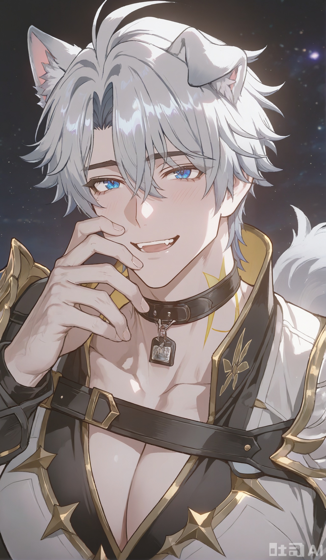 xiao zhi tiao,(artist:mazjojo:0.77),(artist:pigeon666:0.70),(artist:zawar379:0.83),(artist:remsrar:0.65),(artist:chimmyming:0.72),masterpiece,best quality,male focus,hd,4kamazing quality,very aesthetic,bust,high resolution,ultra-detailed,perfect lighting,volumetric lighting,(dark lighting),shadowing,(good shadowing),cinematic lighting,cinematic,shading,shallow,absurdres,newest,scenery,depth of field,1boy,1male,(((solo))),looking at viewer,Silver dog tag masterpiece,((dog ears, dog tail)),((smile, happy, laugh)),
,
BREAK,((muscular male,bara,broad shoulders,(mature:1.3),(a soft, loving gaze:1.3),(looking directly into viewer's eyes:1.2),(slight blush),official alternate costume,
(masculine charisma:1.4),(sensual:1.3),(intimate atmosphere:1.4),plain white background,simple background,(minimalist:1.2),studio shot,from viewer's perspective,(POV:1.2),(portrait:1.2),face_focus,(close-up:1.3),(slight head tilt:1.2),( resting his cheek and jaw in the palm of the viewer's hand:1.4),(holds the viewer's hand against his cheek:1.3),
(background is a clean, solid white, creating a high-fashion, minimalist feel. The atmosphere is stylish, clean, and carries a hint of playful seduction),(full head:1.1),(no cut:1.1),(space above head:1.2))

Warm colors
,
danmei,xiaozhitiao,,Xiaozhitiao,smelly,dianmei,Phainon,white hair,yellow tattoo,choker,black choker,shoulder armor,white jacket,gold trim,blue eyes