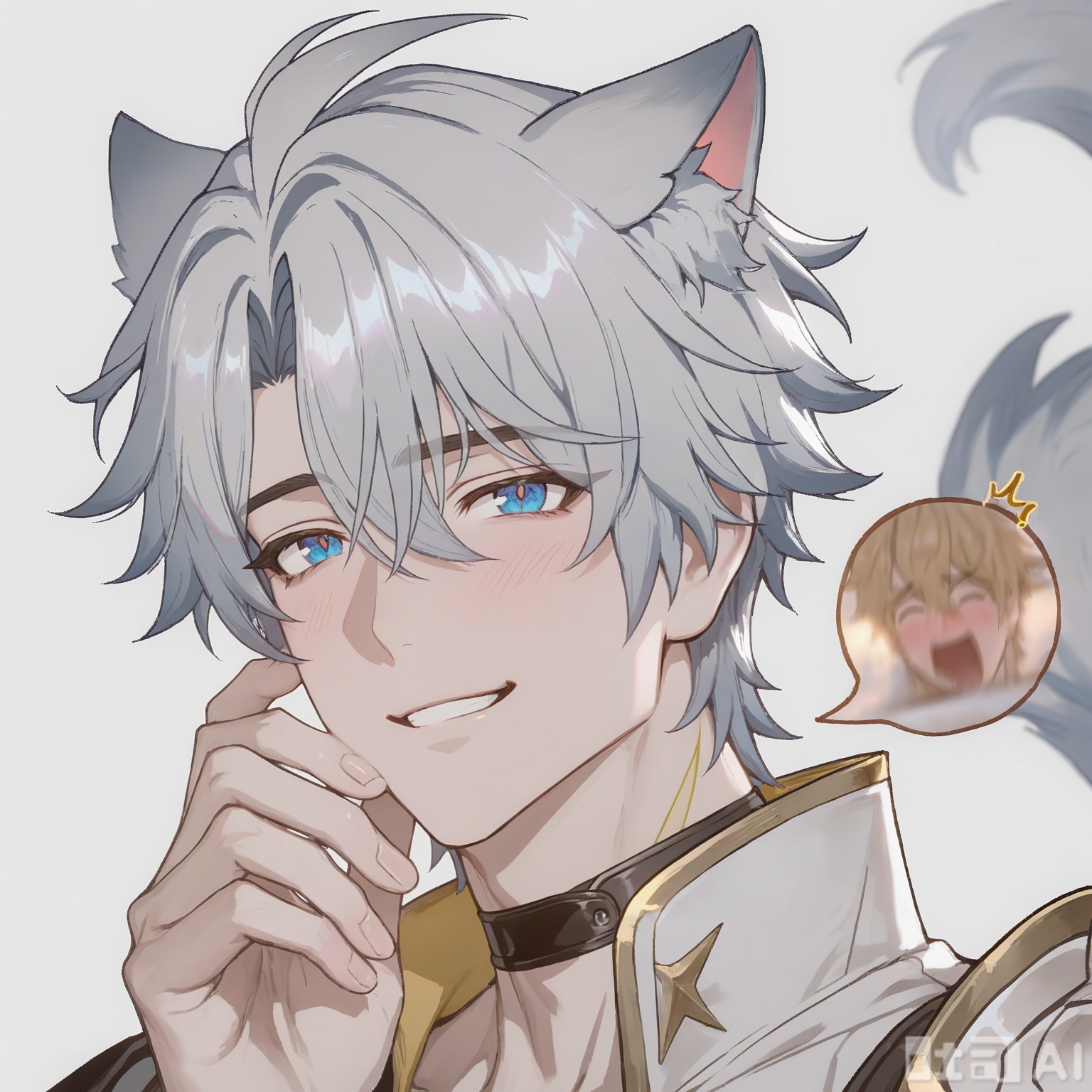 xiao zhi tiao,(artist:mazjojo:0.77),(artist:pigeon666:0.70),(artist:zawar379:0.83),(artist:remsrar:0.65),(artist:chimmyming:0.72),masterpiece,best quality,male focus,hd,4kamazing quality,very aesthetic,bust,high resolution,ultra-detailed,perfect lighting,volumetric lighting,(dark lighting),shadowing,(good shadowing),cinematic lighting,cinematic,shading,shallow,absurdres,newest,scenery,depth of field,1boy,1male,(((solo))),looking at viewer,Silver dog tag masterpiece,((dog ears, dog tail)),((smile, happy, laugh)),
,
BREAK,((muscular male,bara,broad shoulders,(mature:1.3),(a soft, loving gaze:1.3),(looking directly into viewer's eyes:1.2),(slight blush),official alternate costume,
(masculine charisma:1.4),(sensual:1.3),(intimate atmosphere:1.4),plain white background,simple background,(minimalist:1.2),studio shot,from viewer's perspective,(POV:1.2),(portrait:1.2),face_focus,(close-up:1.3),(slight head tilt:1.2),( resting his cheek and jaw in the palm of the viewer's hand:1.4),(holds the viewer's hand against his cheek:1.3),
(background is a clean, solid white, creating a high-fashion, minimalist feel. The atmosphere is stylish, clean, and carries a hint of playful seduction),(full head:1.1),(no cut:1.1),(space above head:1.2))

Warm colors
,
danmei,xiaozhitiao,,Xiaozhitiao,smelly,dianmei,Phainon,white hair,yellow tattoo,choker,black choker,shoulder armor,white jacket,gold trim,blue eyes,((Cross pupil))