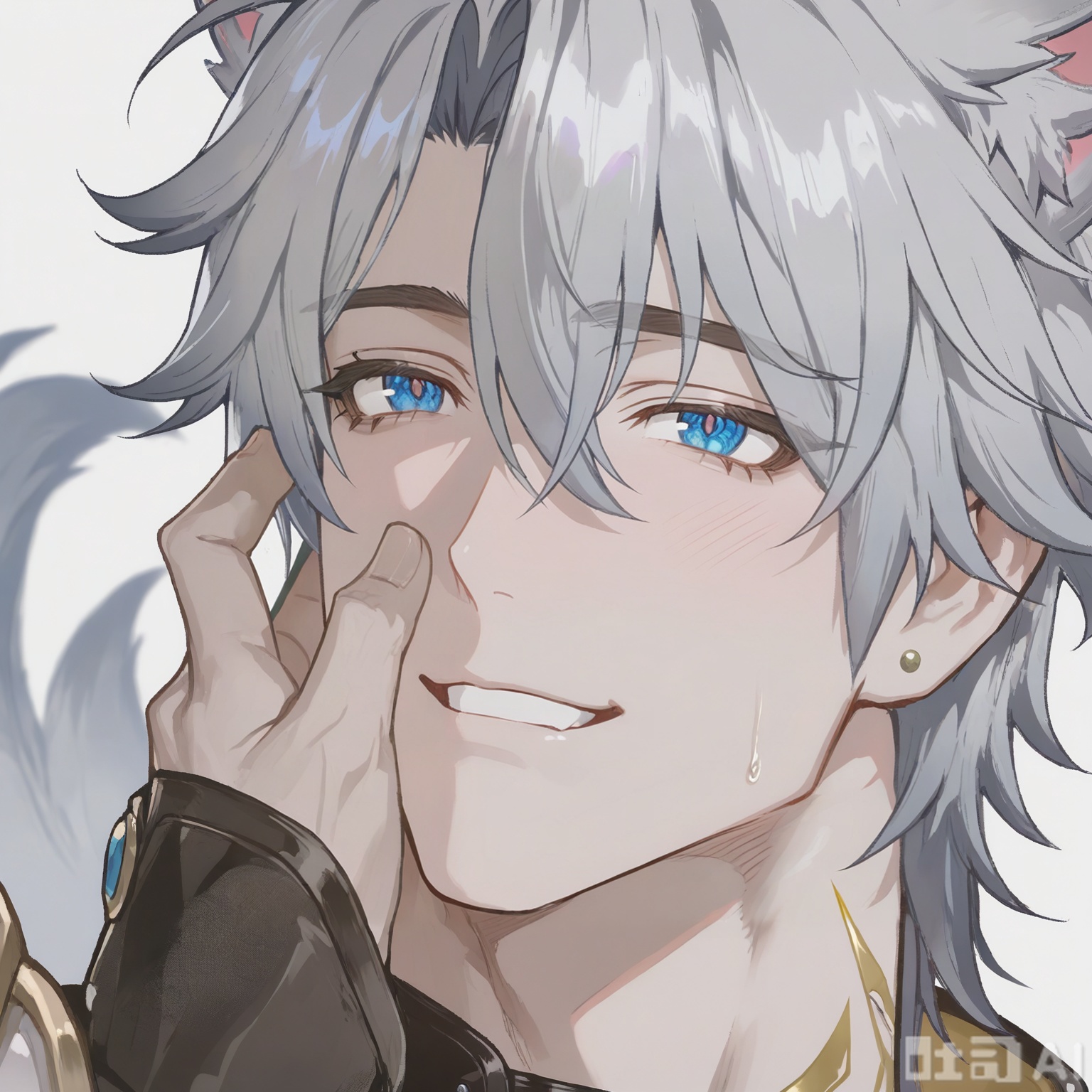 xiao zhi tiao,(artist:mazjojo:0.77),(artist:pigeon666:0.70),(artist:zawar379:0.83),(artist:remsrar:0.65),(artist:chimmyming:0.72),masterpiece,best quality,male focus,hd,4kamazing quality,very aesthetic,bust,high resolution,ultra-detailed,perfect lighting,volumetric lighting,(dark lighting),shadowing,(good shadowing),cinematic lighting,cinematic,shading,shallow,absurdres,newest,scenery,depth of field,1boy,1male,(((solo))),looking at viewer,Silver dog tag masterpiece,((dog ears, dog tail)),((smile, happy, laugh)),
,
BREAK,((muscular male,bara,broad shoulders,(mature:1.3),(a soft, loving gaze:1.3),(looking directly into viewer's eyes:1.2),(slight blush),official alternate costume,
(masculine charisma:1.4),(sensual:1.3),(intimate atmosphere:1.4),plain white background,simple background,(minimalist:1.2),studio shot,from viewer's perspective,(POV:1.2),(portrait:1.2),face_focus,(close-up:1.3),(slight head tilt:1.2),( resting his cheek and jaw in the palm of the viewer's hand:1.4),(holds the viewer's hand against his cheek:1.3),
(background is a clean, solid white, creating a high-fashion, minimalist feel. The atmosphere is stylish, clean, and carries a hint of playful seduction),(full head:1.1),(no cut:1.1),(space above head:1.2))

Warm colors
,
danmei,xiaozhitiao,,Xiaozhitiao,smelly,dianmei,Phainon,white hair,yellow tattoo,choker,black choker,shoulder armor,white jacket,gold trim,blue eyes