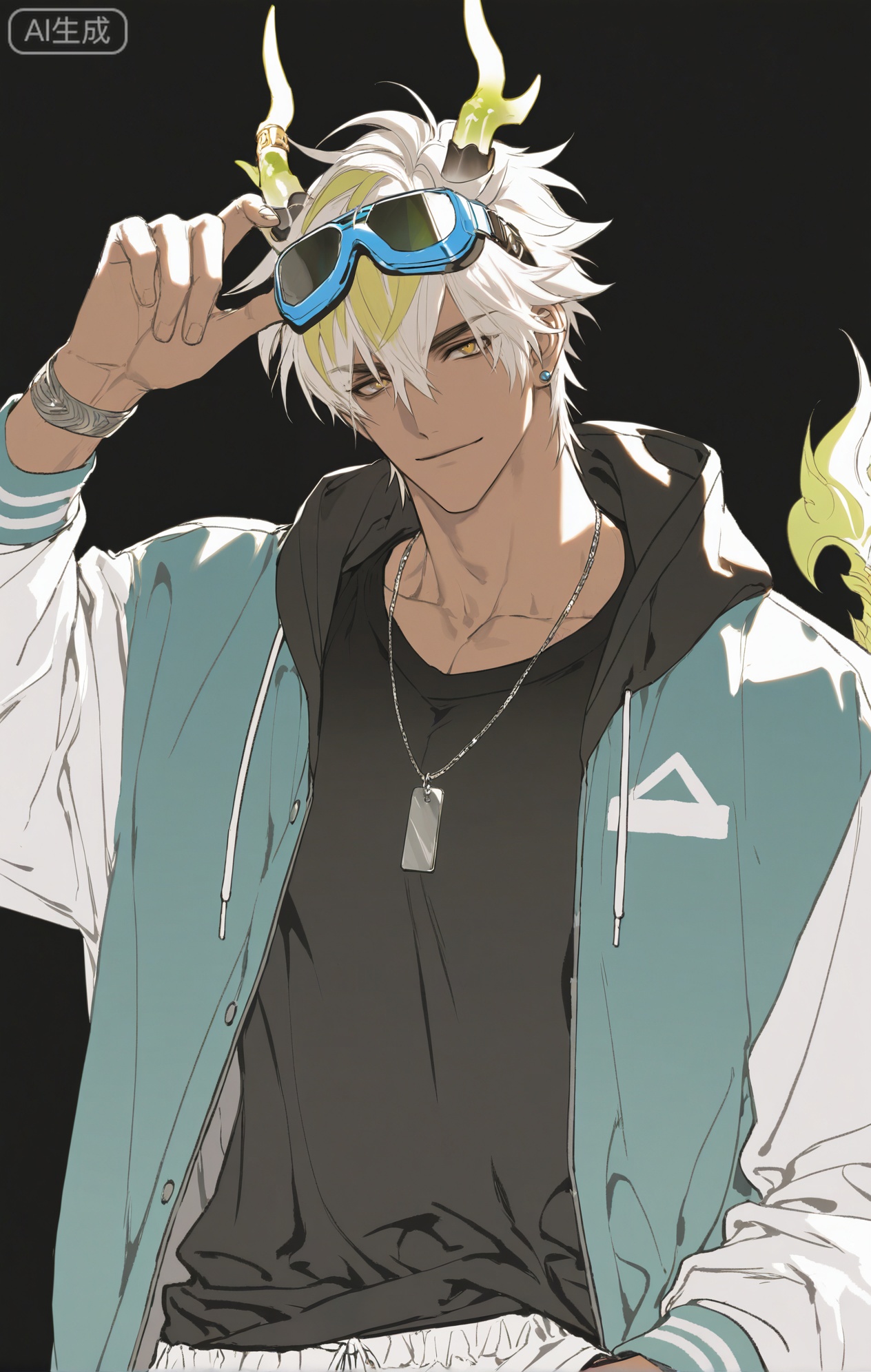 ,xiao zhi tiao,(artist:mazjojo:0.77), (artist:pigeon666:0.70), (artist:zawar379:0.83), (artist:remsrar:0.65), (artist:chimmyming:0.72),masterpiece,best quality,male focus,hd,4kamazing quality,very aesthetic,bust,high resolution,ultra-detailed,perfect lighting,volumetric lighting,,xiaozhitiao,yu xuan,multicolored hair,White dragon tail,White dragon horns,sneakers,white shorts,headphones,tattoo,yellow eyes,white hair,1boy,blonde hair,bangs,white **** top,

masterpiece, best quality, highres, goldenfieldszho, very awa, newest, absurdres, perfect lighting, , nsfw, yaoi, , male, masculine, (athletic, muscular),((flat color)),((flat color)),,

 BREAK,,(1boy,male focus,solo,goggles,goggles on head,looking at viewer,jewelry,smile,jacket,short hair,multicolored clothes,earrings,upper body,zipper,white hair,long sleeves,hand up,closed mouth,hair between eyes,stud earrings,necklace,hood,multicolored jacket,black shirt,black background)

BREAK,,danmei,rainbow,xiaozhitiao,Dog ears,Xiaozhitiao,dianmei,Baiwen Card,Black and white,monochrome