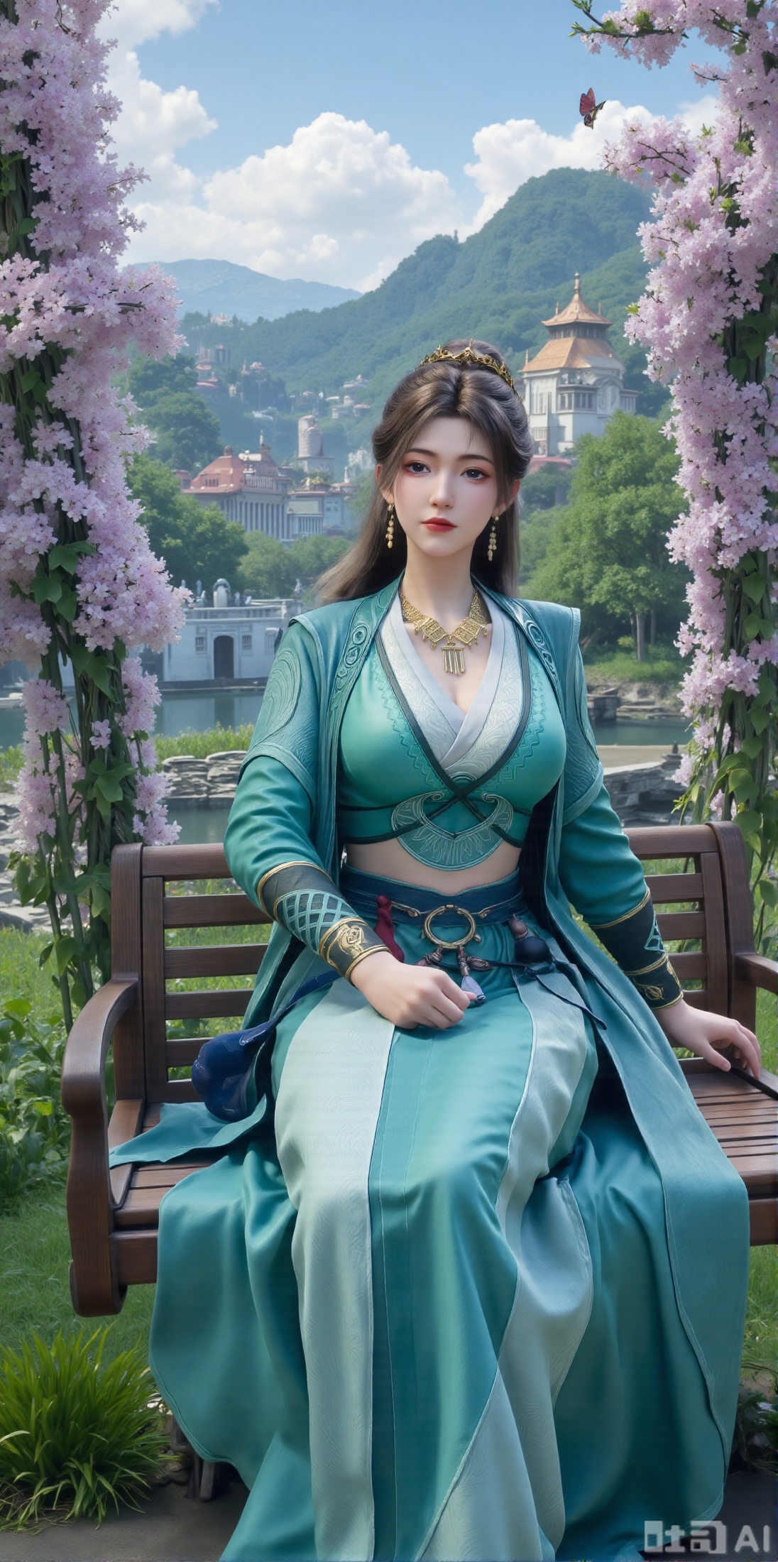 (masterpiece, top quality, best quality, official art, beautiful and aesthetic:1.2),Dynamic posture,(Sitting on the swing:1.39),natural skin texture,(Milky skin:1.2),1gir,solo,long Dress, (Long legs, perfect proportions:1.2),(Sakura, butterfly:1.29),(huge breasts:2.99),(full breasts:2.99),Wisteria, wisteria flowers, castle, waterfall, mountains in the distance,,,XyunxiaoYH3,,XbaifengsongyuYH,Xbigbreasts,Xxuenvxuedi,XyanqingfeiX,Xloubeidress,XyinyueX3