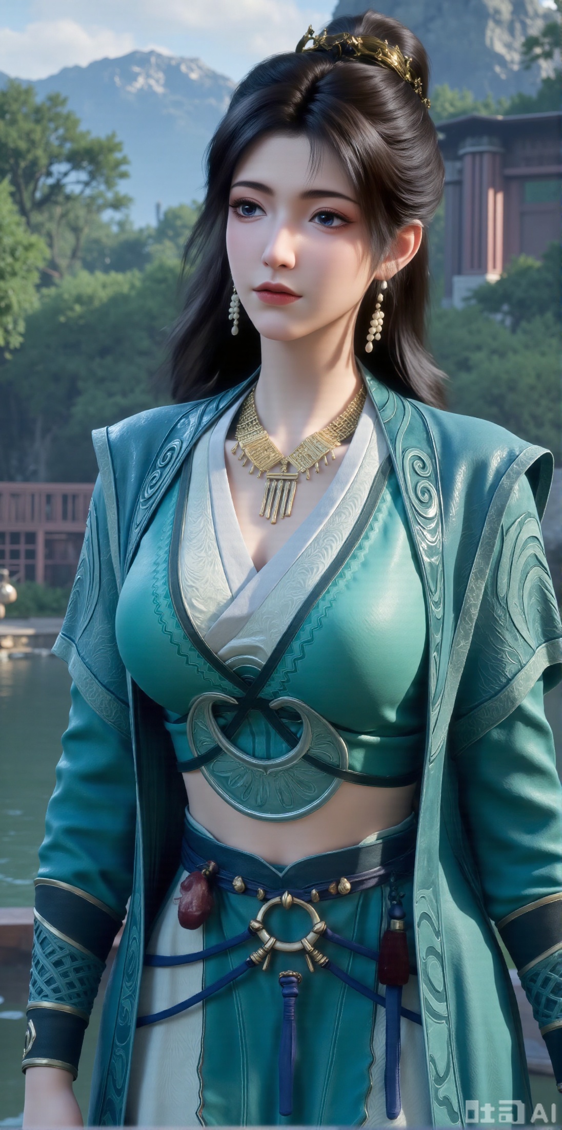 (masterpiece, best quality:1.2),1 girl, solo, long hair, black hair, hair accessories, clothing, cleavage cuts, long dress, jewelry, upper body, earrings. Background is outdoor, sky, clouds, water, trees, architecture, landscape, lantern, mountain, dragon, architecture, bridge, east Asian architecture, fog, pagoda,,(huge breasts:2.99),(full breasts:2.99),,XyunxiaoYH3,,XbaifengsongyuYH,Xbigbreasts,Xxuenvxuedi,XyanqingfeiX,Xloubeidress,XyinyueX3