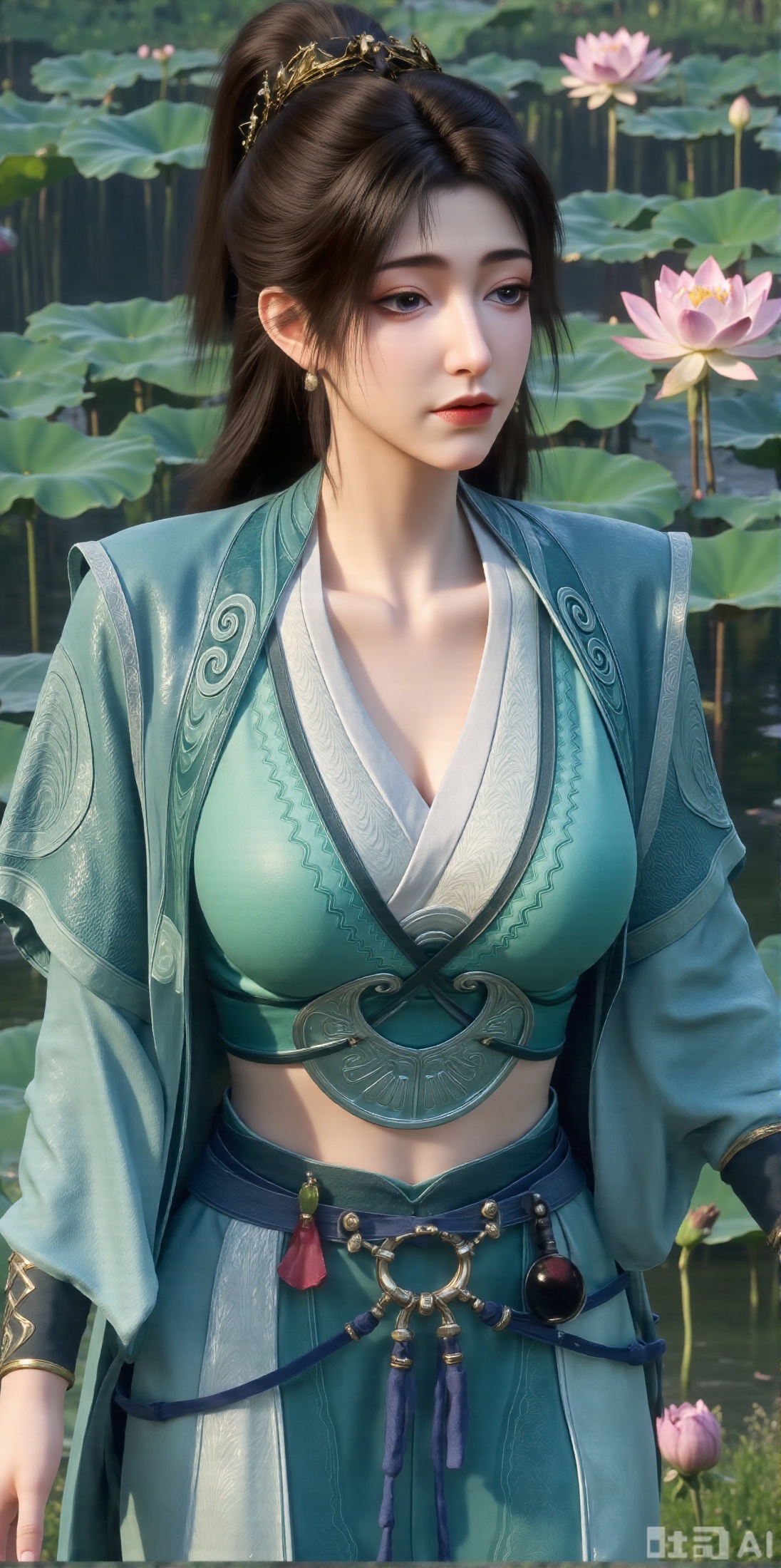 (masterpiece, best quality:1.2),1girl, navel, solo, midriff, bare shoulders, hair ornament,(long hair),(High double ponytail:1.49), red lips, BREAK, (looking at viewer:1.39), chinese clothes,(Holographic long dress:1.36), (lace,Rainbow Gradient Color:1.28), BREAK,blurry, solo focus, long hair, lips, daytime, lipstick, outdoors, standing,upper body,(huge breasts:2.89), background, solo, makeup,(Liquid glass style flowers:1.49),(huge breasts:2.99),(full breasts:2.99),,(Background with lotus pond and pink lotus flowers:1.39),,,XyunxiaoYH3,,XbaifengsongyuYH,Xbigbreasts,Xxuenvxuedi,XyanqingfeiX,Xloubeidress,XyinyueX3