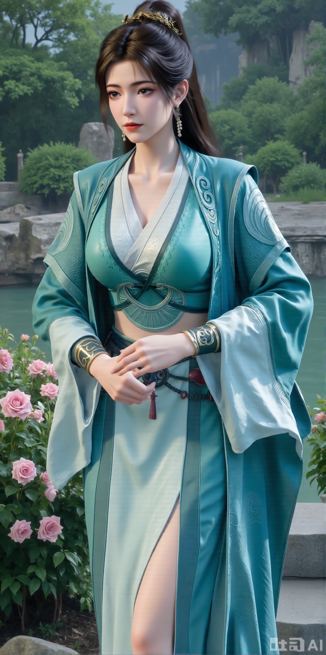 (masterpiece:1.2),best quality,,A woman adorned in traditional Chinese attire,featuring a flowing robe with intricate embroidery and floral accents. A garden filled with pink roses and lush greenery. Soft pastel hues of white,blue,and green,creating a serene atmosphere. Photorealistic photography.,(huge breasts:2.99),(full breasts:2.99),XyunxiaoYH3,,XbaifengsongyuYH,Xbigbreasts,Xxuenvxuedi,XyanqingfeiX,Xloubeidress,XyinyueX3,XmupeulingHY2,XhanyiYYQ