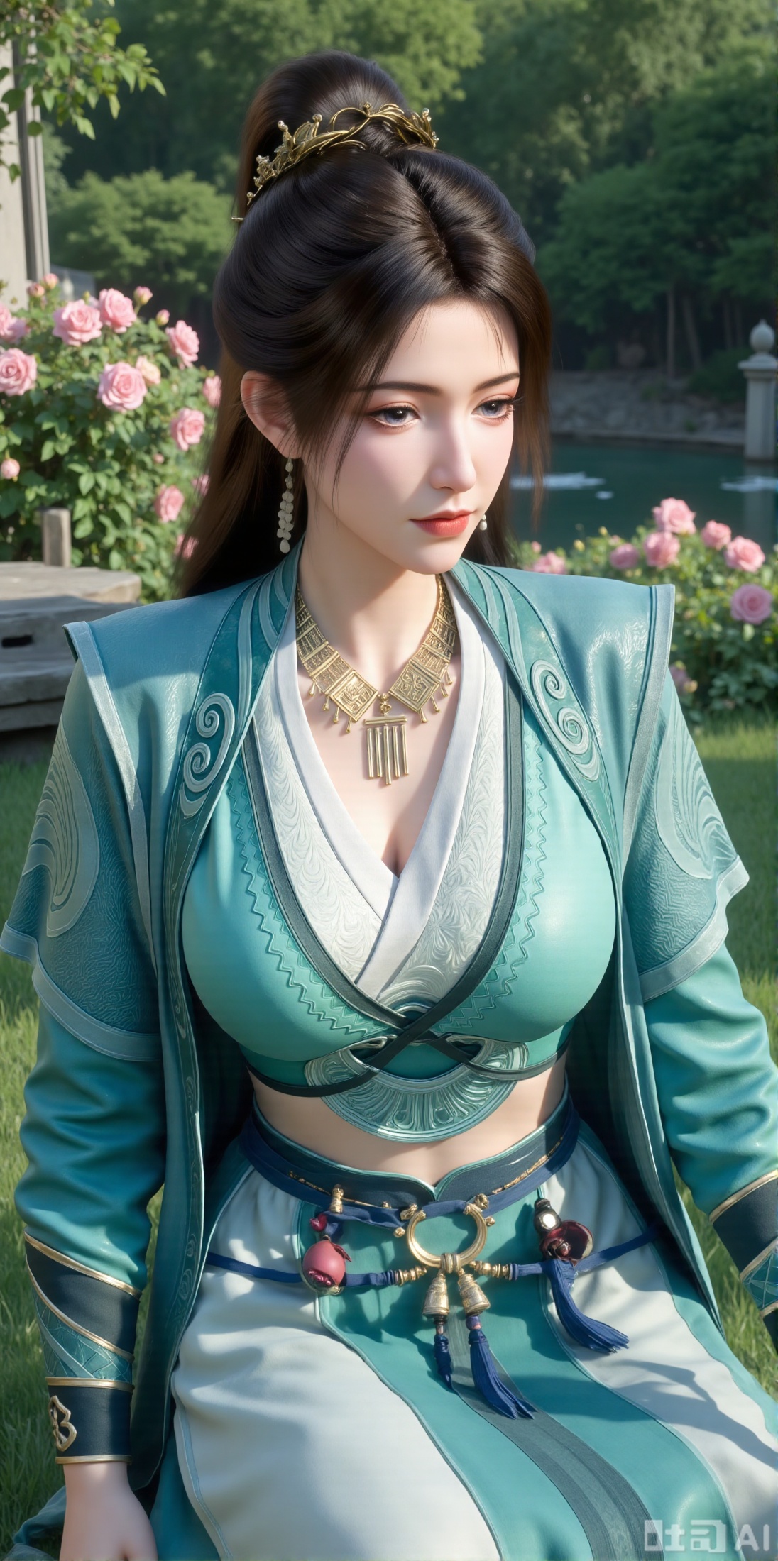 (masterpiece:1.2),best quality,,A woman adorned in traditional Chinese attire,featuring a flowing robe with intricate embroidery and floral accents. A garden filled with pink roses and lush greenery. Soft pastel hues of white,blue,and green,creating a serene atmosphere. Photorealistic photography.,(huge breasts:2.99),(full breasts:2.99),XyunxiaoYH3,,XbaifengsongyuYH,Xbigbreasts,Xxuenvxuedi,XyanqingfeiX,Xloubeidress,XyinyueX3,XmupeulingHY2,XhanyiYYQ