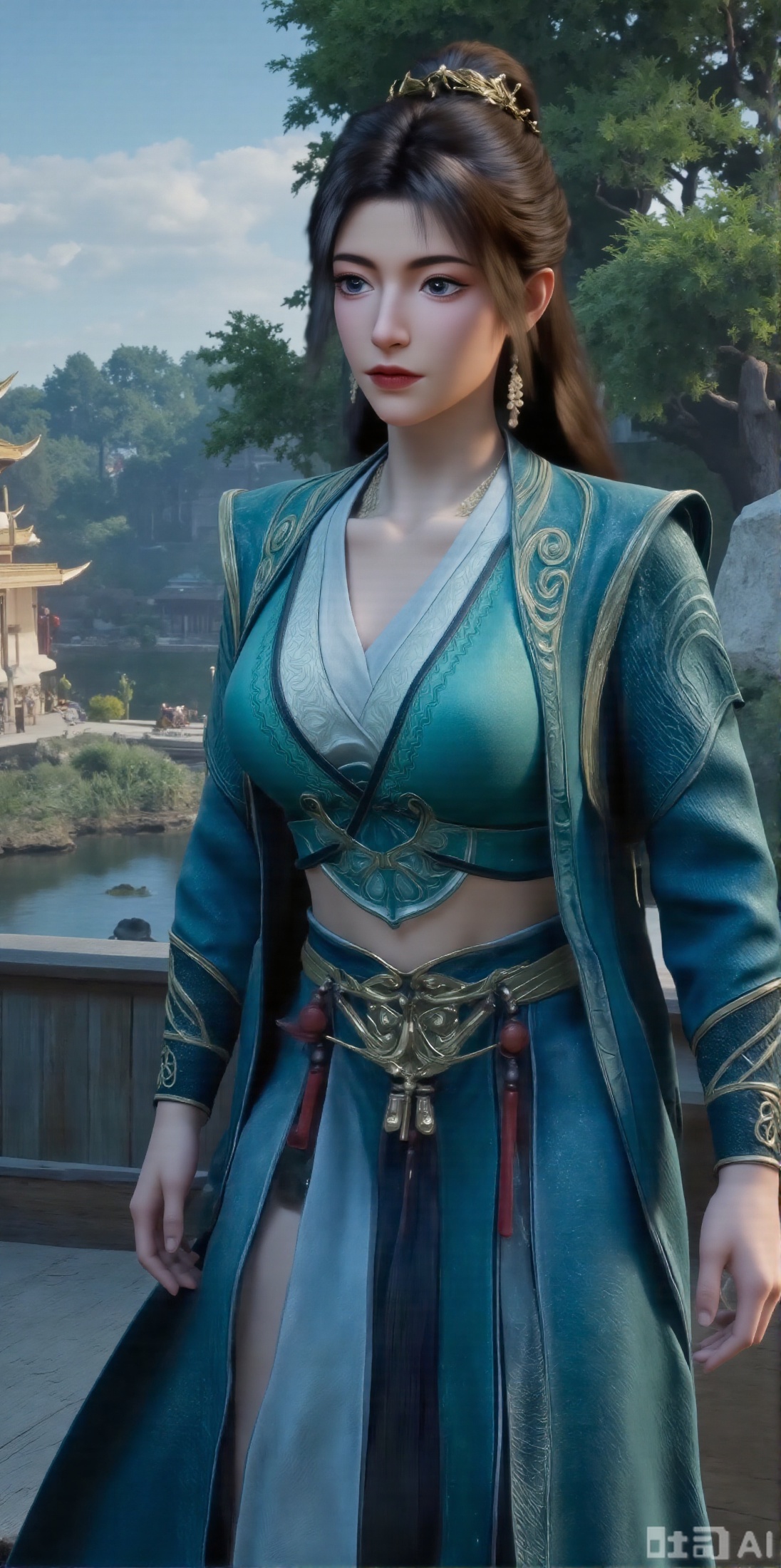 (masterpiece, best quality:1.2),1girl, 1boy, long hair, black hair, hair accessories, clothing, cleavage cuts, long dress, jewelry, upper body, earrings. Background is outdoor, sky, clouds, water, trees, architecture, landscape, lantern, mountain, dragon, architecture, bridge, east Asian architecture, fog, pagoda,,(huge breasts:2.99),(full breasts:2.99),XyunxiaoYH3,,XbaifengsongyuYH,Xbigbreasts,Xxuenvxuedi,XyanqingfeiX,Xloubeidress,XyinyueX3,XmupeulingHY2,XhanyiYYQ