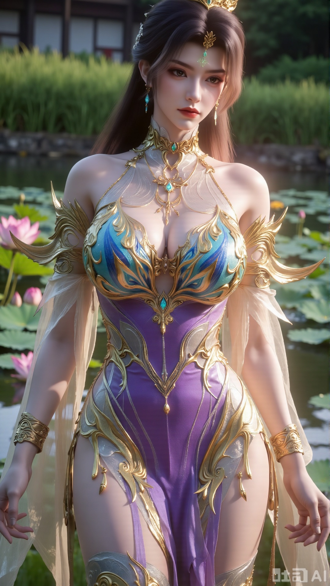 (masterpiece, best quality:1.2),1girl, navel, solo, midriff, bare shoulders, hair ornament,(long hair),(High double ponytail:1.49), red lips, BREAK, (looking at viewer:1.39), chinese clothes,(Holographic long dress:1.36), (lace,Rainbow Gradient Color:1.28), BREAK,blurry, solo focus, long hair, lips, daytime, lipstick, outdoors, standing,upper body,(huge breasts:2.89), background, solo, makeup,(Liquid glass style flowers:1.49),(huge breasts:2.99),(full breasts:2.99),,(Background with lotus pond and pink lotus flowers:1.39),XXaili2,XyunxiaoYH5,XlinziyueXZ,XtuliH,Xbigbreasts,XMedusaQueen,Xmiaozushaonv,Xkejinnvdi,Xbijinvshen,Xxihechengzhu,Xyunwangshuchengzhu,Xxuedixuenu,Xxuenvxuedi