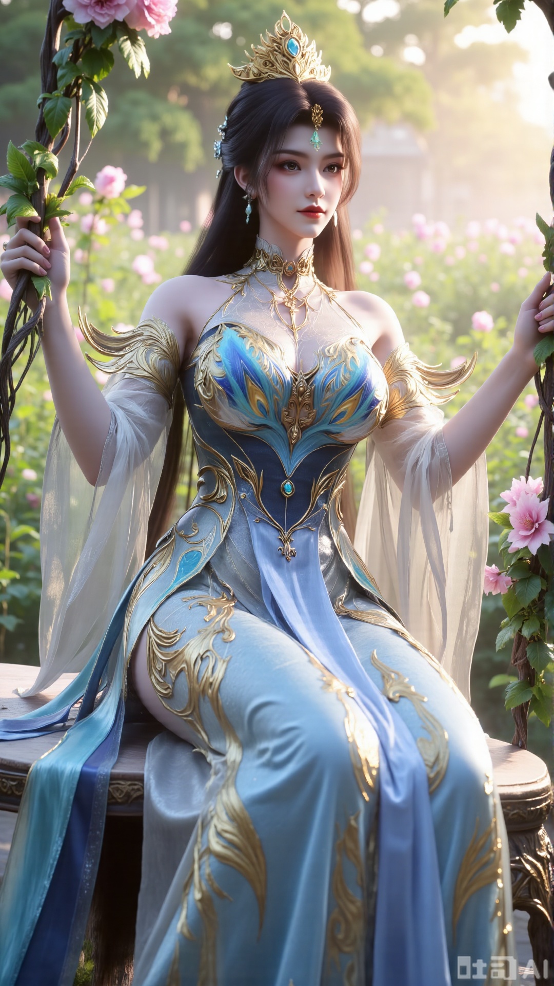 (masterpiece, best quality:1.2),In a cinematic shot with soft sunlight filtering through petals, a delicate fairy-like beauty swings gently on a flower swing amidst a whimsical garden. She wears a pale blue hanfu with flowing wide sleeves and a translucent silk sash tied around her slender figure. Her long black hair with blue highlights cascades down her back, adorned with a pearl hairpin. A gentle smile plays on her innocent eyes as she floats above the flowers, surrounded by fluttering butterflies and golden pollen particles. Magical runes float in the air, casting an ethereal glow. Vines wrap around the ropes of the swing, intertwined with roses and morning glories. The pastel color palette and fantasy atmosphere evoke a sense of wonder and enchantment.,(huge breasts:2.99),(full breasts:2.99),,XXaili2,XyunxiaoYH5,XlinziyueXZ,XtuliH,Xbigbreasts,XMedusaQueen,Xmiaozushaonv,Xkejinnvdi,Xbijinvshen,Xxihechengzhu,Xyunwangshuchengzhu,Xxuedixuenu,Xxuenvxuedi,XyanqingfeiXH