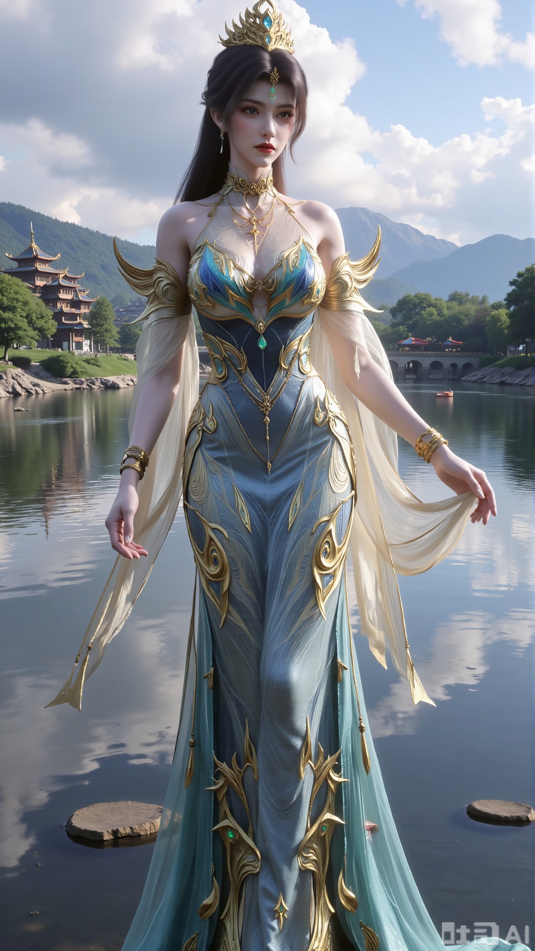 (masterpiece, best quality:1.2),1 girl, solo, long hair, black hair, hair accessories, clothing, cleavage cuts, long dress, jewelry, upper body, earrings. Background is outdoor, sky, clouds, water, trees, architecture, landscape, lantern, mountain, dragon, architecture, bridge, east Asian architecture, fog, pagoda,,(huge breasts:2.99),(full breasts:2.99),,XXaili2,XyunxiaoYH5,XlinziyueXZ,XtuliH,Xbigbreasts,XMedusaQueen,Xmiaozushaonv,Xkejinnvdi,Xbijinvshen,Xxihechengzhu,Xyunwangshuchengzhu,Xxuedixuenu,Xxuenvxuedi,XyanqingfeiXH