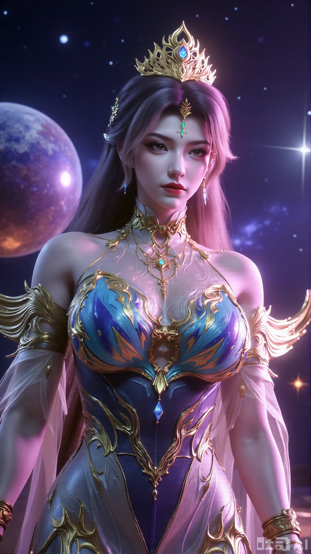 (masterpiece, best quality:1.2),Realistic details, ultra-clear, wallpaper, 8k, masterpiece, masterpiece, best quality, high quality, flowing long hair, exquisite hair accessories, headdresses, cyberpunk electronic luminous clothing, full body multi-luminous line light strips, cyberpunk luminous lines colorful. The sacred light, the cosmic space background, the planets of different colors around, the nebula flows, the stars twinkle, the golden willow branches stretch, holding an earth with both hands, the details of the earth's surface, the texture of mountains, rivers and oceans, the surrounding planets, planets of all sizes, traces of planets orbits, dreamy light and shadow effects.,(huge breasts:2.99),(full breasts:2.99),XXaili2,XyunxiaoYH5,XlinziyueXZ,XtuliH,Xbigbreasts,XMedusaQueen,Xmiaozushaonv,Xkejinnvdi,Xbijinvshen,Xxihechengzhu,Xyunwangshuchengzhu,Xxuedixuenu,Xxuenvxuedi