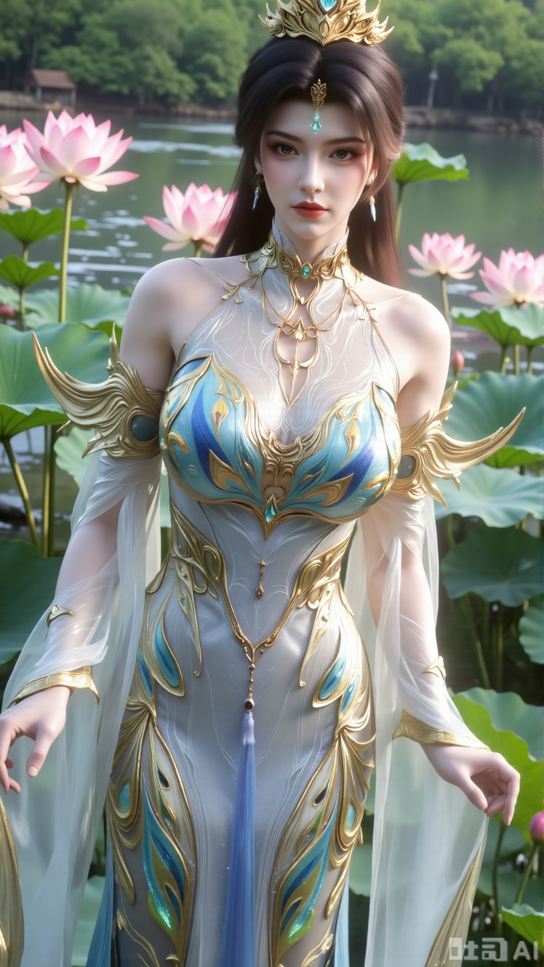 (masterpiece:1.2),best quality,,A woman adorned in traditional Chinese attire,featuring a flowing robe with intricate embroidery and floral accents. A garden filled with pink roses and lush greenery. Soft pastel hues of white,blue,and green,creating a serene atmosphere. Photorealistic photography.(huge breasts:2.99),(full breasts:2.99),,(Background with lotus pond and pink lotus flowers:1.39),XXaili2,XyunxiaoYH5,XlinziyueXZ,XtuliH,Xbigbreasts,XMedusaQueen,Xmiaozushaonv,Xkejinnvdi,Xbijinvshen,Xxihechengzhu,Xyunwangshuchengzhu,Xxuedixuenu,Xxuenvxuedi,XyanqingfeiXH