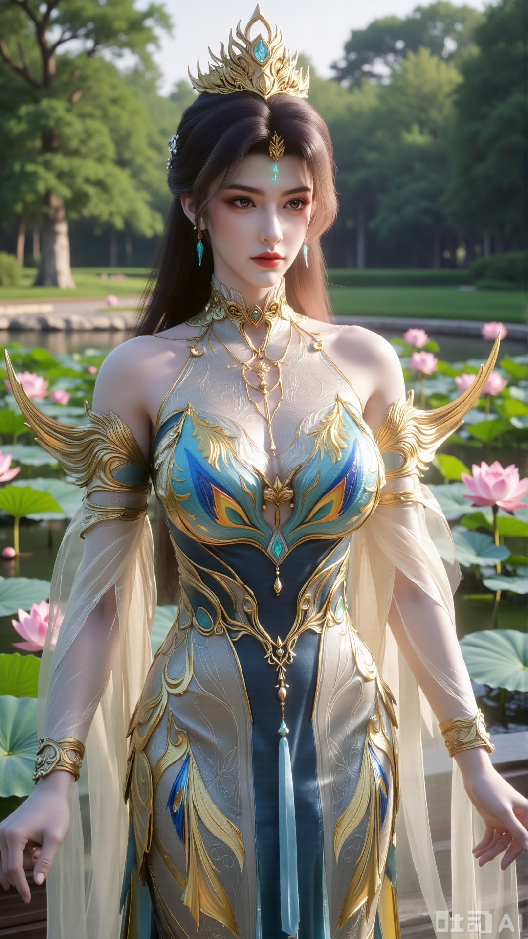 (masterpiece:1.2),best quality,,A woman adorned in traditional Chinese attire,featuring a flowing robe with intricate embroidery and floral accents. A garden filled with pink roses and lush greenery. Soft pastel hues of white,blue,and green,creating a serene atmosphere. Photorealistic photography.(huge breasts:2.99),(full breasts:2.99),,(Background with lotus pond and pink lotus flowers:1.39),XXaili2,XyunxiaoYH5,XlinziyueXZ,XtuliH,Xbigbreasts,XMedusaQueen,Xmiaozushaonv,Xkejinnvdi,Xbijinvshen,Xxihechengzhu,Xyunwangshuchengzhu,Xxuedixuenu,Xxuenvxuedi,XyanqingfeiXH