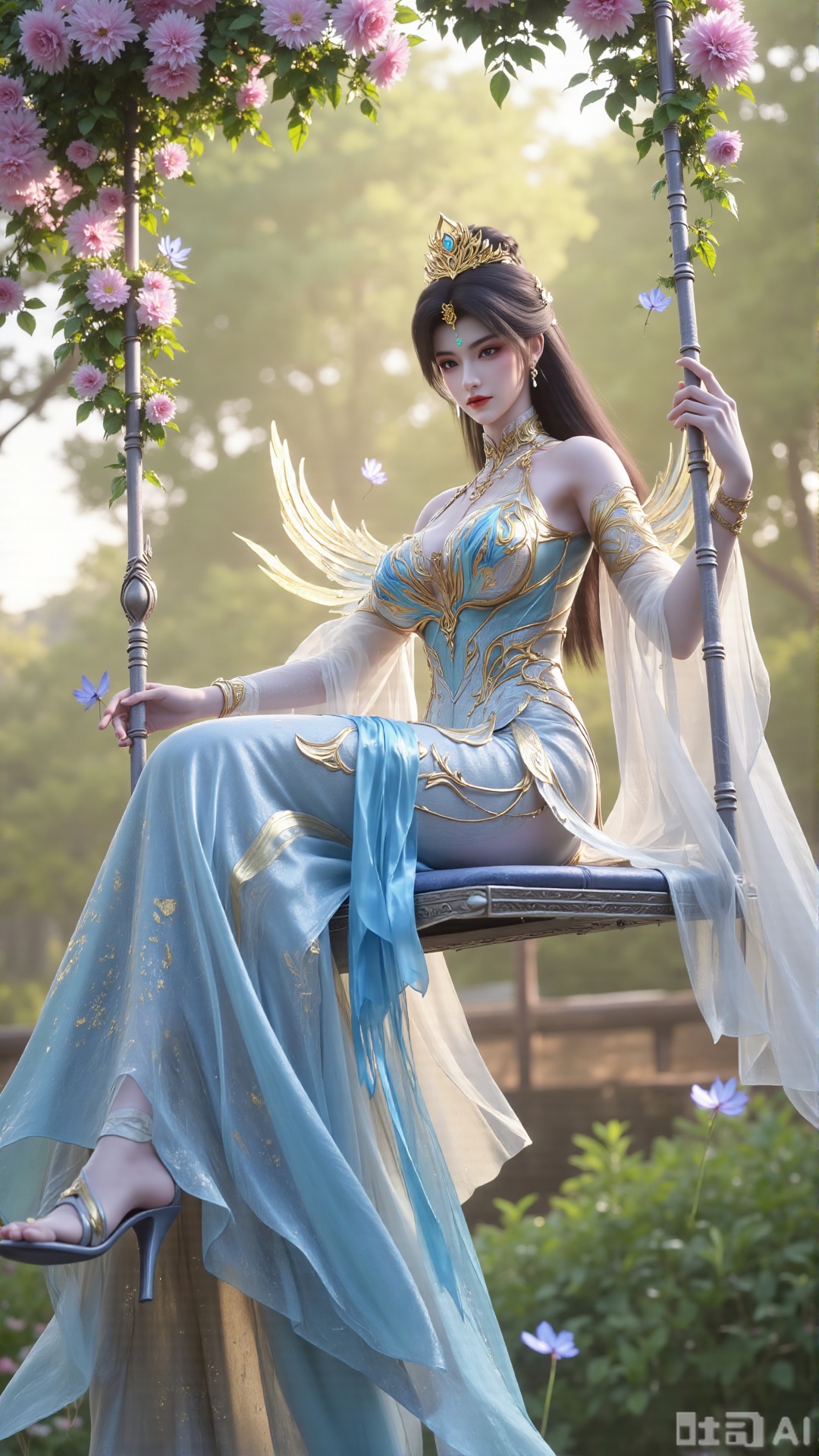(masterpiece, best quality:1.2),In a cinematic shot with soft sunlight filtering through petals, a delicate fairy-like beauty swings gently on a flower swing amidst a whimsical garden. She wears a pale blue hanfu with flowing wide sleeves and a translucent silk sash tied around her slender figure. Her long black hair with blue highlights cascades down her back, adorned with a pearl hairpin. A gentle smile plays on her innocent eyes as she floats above the flowers, surrounded by fluttering butterflies and golden pollen particles. Magical runes float in the air, casting an ethereal glow. Vines wrap around the ropes of the swing, intertwined with roses and morning glories. The pastel color palette and fantasy atmosphere evoke a sense of wonder and enchantment.,(huge breasts:2.99),(full breasts:2.99),,XXaili2,XyunxiaoYH5,XlinziyueXZ,XtuliH,Xbigbreasts,XMedusaQueen,Xmiaozushaonv,Xkejinnvdi,Xbijinvshen,Xxihechengzhu,Xyunwangshuchengzhu,Xxuedixuenu,Xxuenvxuedi,XyanqingfeiXH