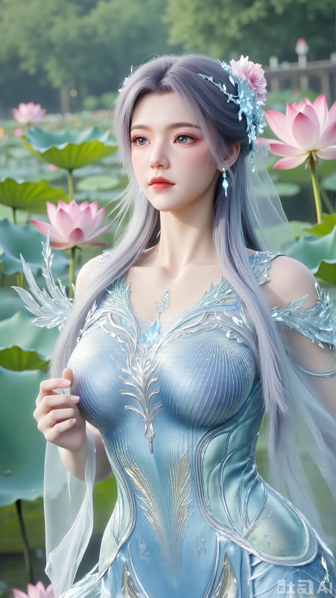 (masterpiece:1.2),best quality,,A woman adorned in traditional Chinese attire,featuring a flowing robe with intricate embroidery and floral accents. A garden filled with pink roses and lush greenery. Soft pastel hues of white,blue,and green,creating a serene atmosphere. Photorealistic photography.(huge breasts:2.99),(full breasts:2.99),,(Background with lotus pond and pink lotus flowers:1.39),Xaili2,XyunxiaoYH5,XlinziyueXZ,XtuliH,Xbigbreasts,XMedusaQueen,Xmiaozushaonv,Xkejinnvdi,Xbijinvshen,Xxihechengzhu,Xyunwangshuchengzhu,Xxuedixuenu,Xxuenvxuedi