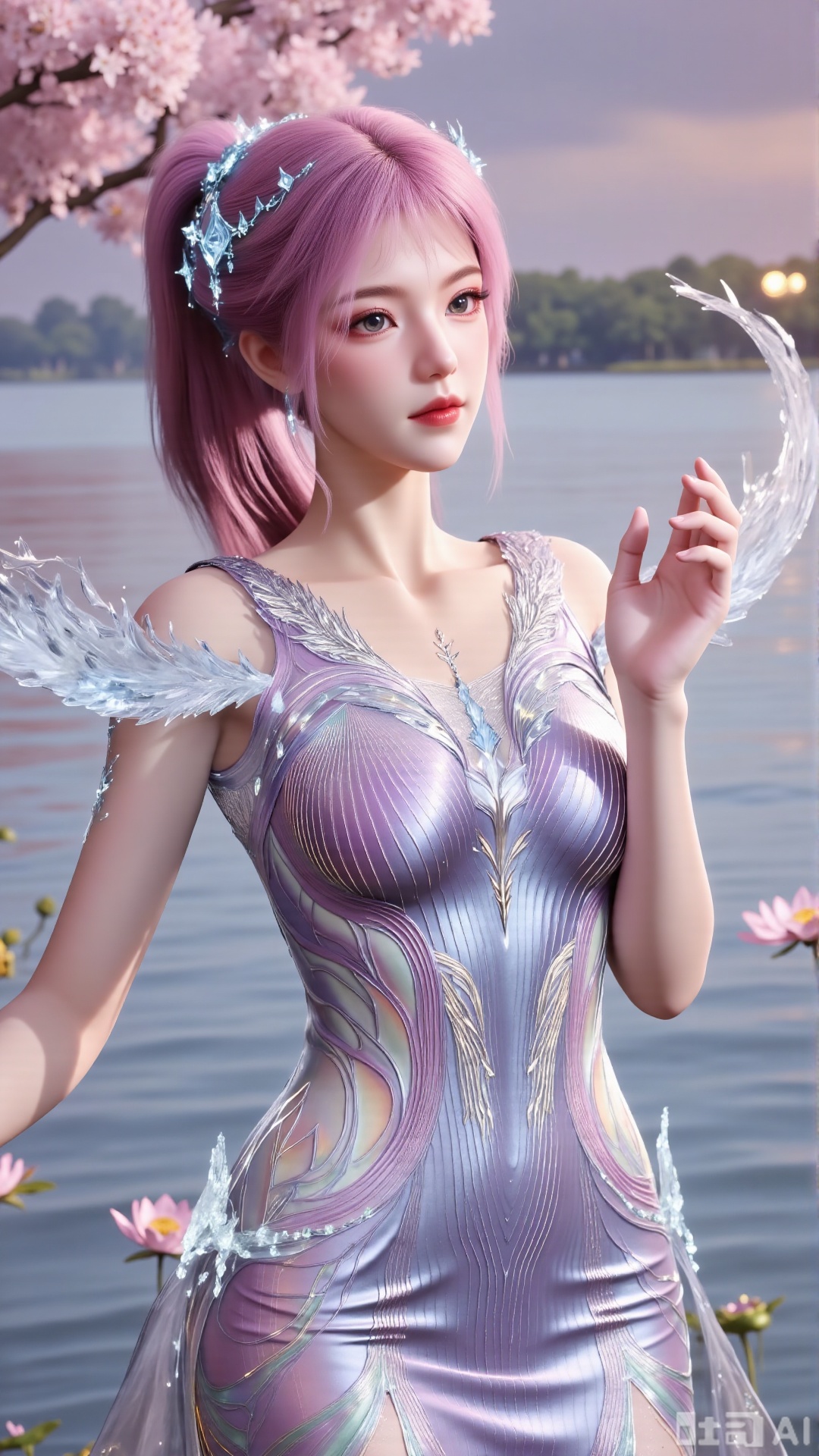 (masterpiece, best quality:1.2),1girl, navel, solo, midriff, bare shoulders, hair ornament,(long hair),(High double ponytail:1.49), red lips, BREAK, (looking at viewer:1.39), chinese clothes,(Holographic long dress:1.36), (lace,Rainbow Gradient Color:1.28), BREAK,blurry, solo focus, long hair, lips, daytime, lipstick, outdoors, standing,upper body,(huge breasts:2.89), background, solo, makeup,(Liquid glass style flowers:1.49),(huge breasts:2.99),(full breasts:2.99),,(Background with lotus pond and pink lotus flowers:1.39),XXaili2,XyunxiaoYH5,XlinziyueXZ,XtuliH,Xbigbreasts,XMedusaQueen,Xmiaozushaonv,Xkejinnvdi,Xbijinvshen,Xxihechengzhu,Xyunwangshuchengzhu,Xxuedixuenu,Xxuenvxuedi
